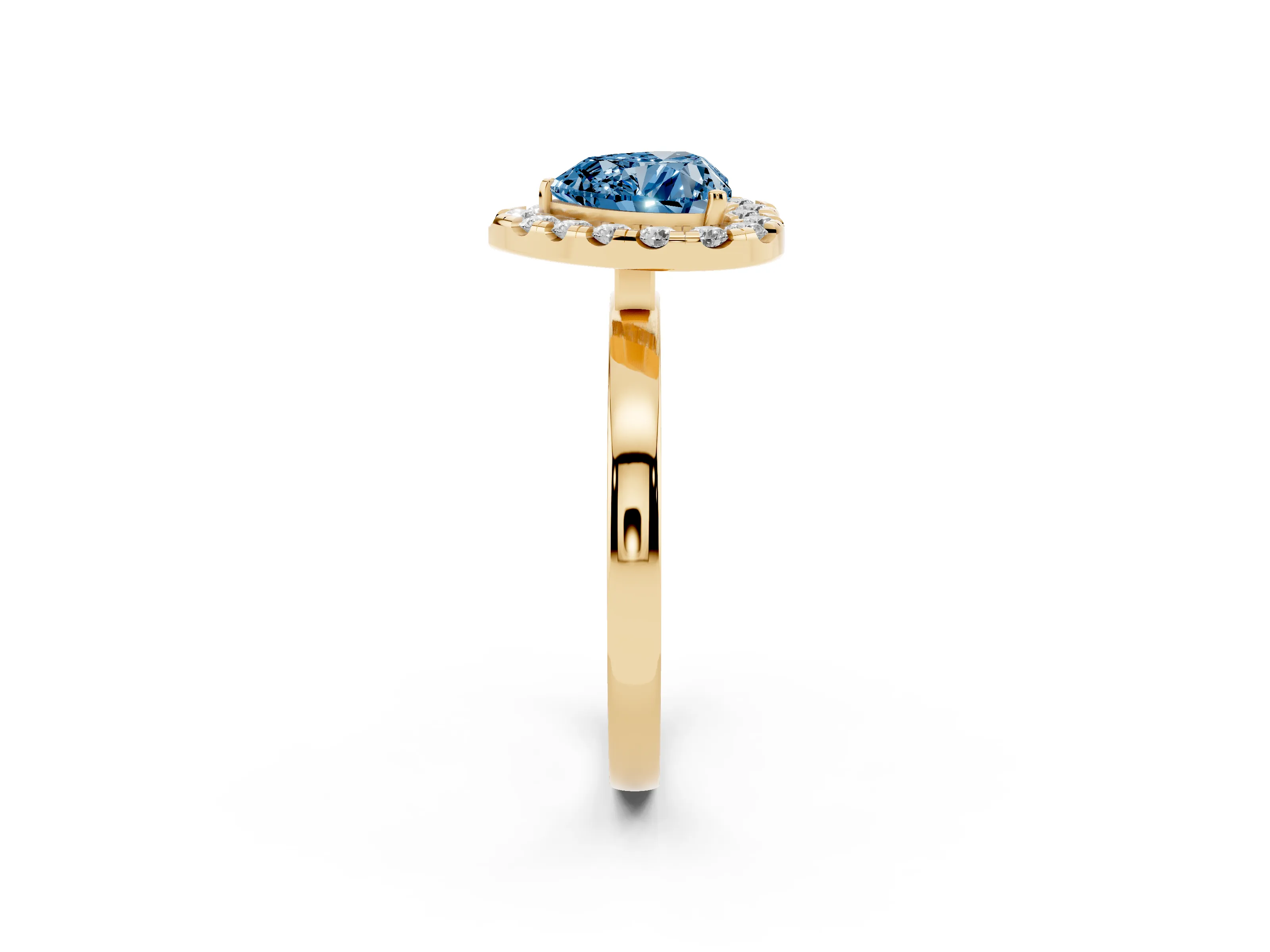 Fancy Blue Heart Cut Diamond Halo Solitaire Ring Set in Yellow gold with Pavé Band and Prong Setting