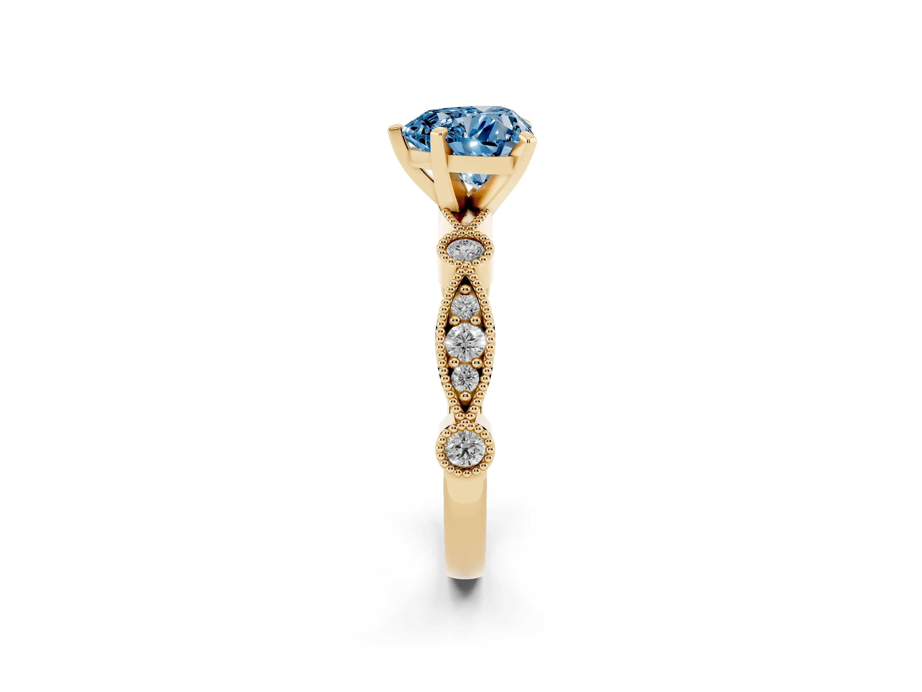 Fancy Blue Heart Cut Diamond Solitaire Engagement Ring Set in Yellow gold with Milgrain Bezel Accent Band