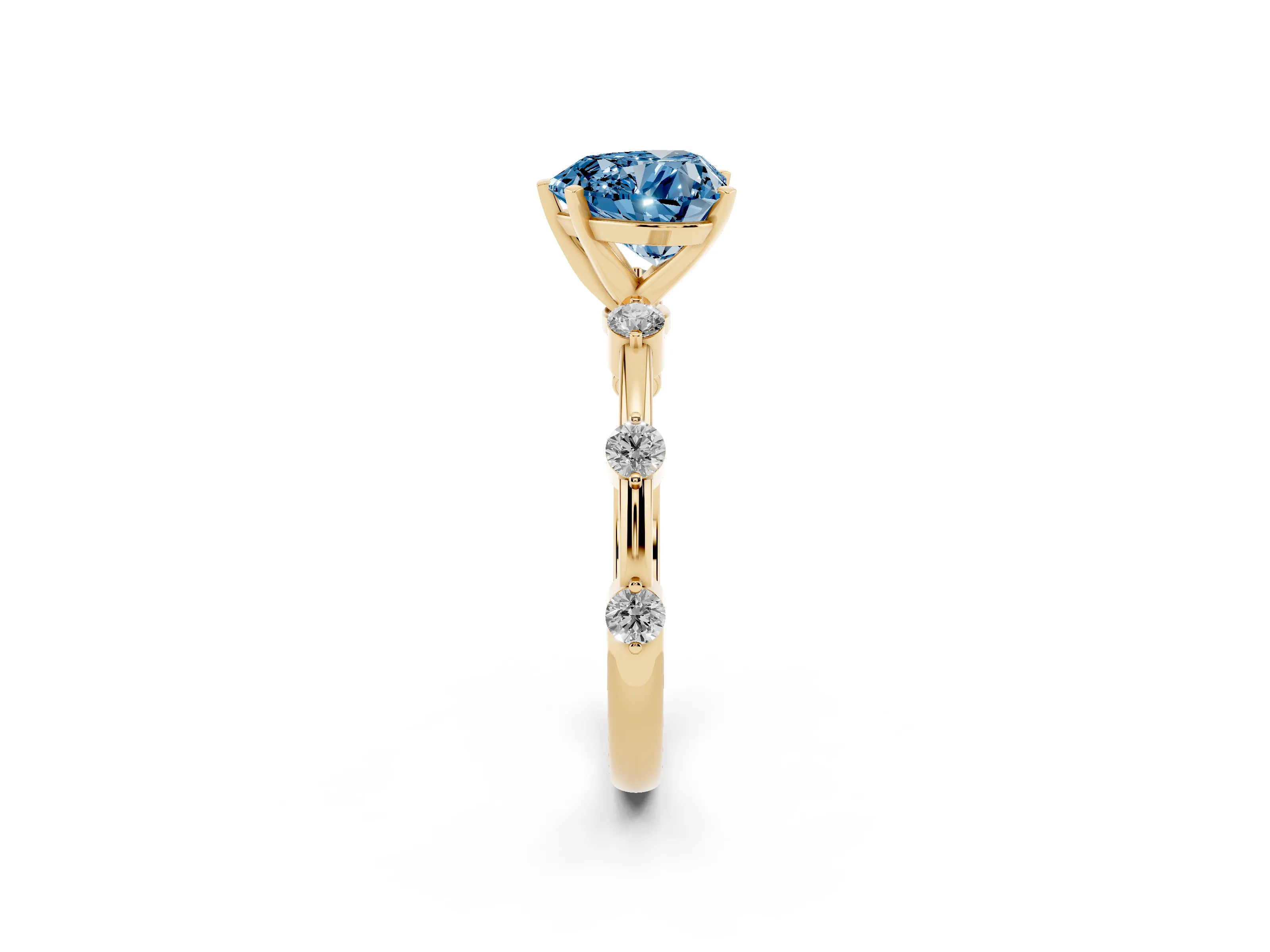 Fancy Blue Heart Cut Diamond Solitaire Ring Set in Yellow gold with Bezel Set Side Stones and Prong Setting