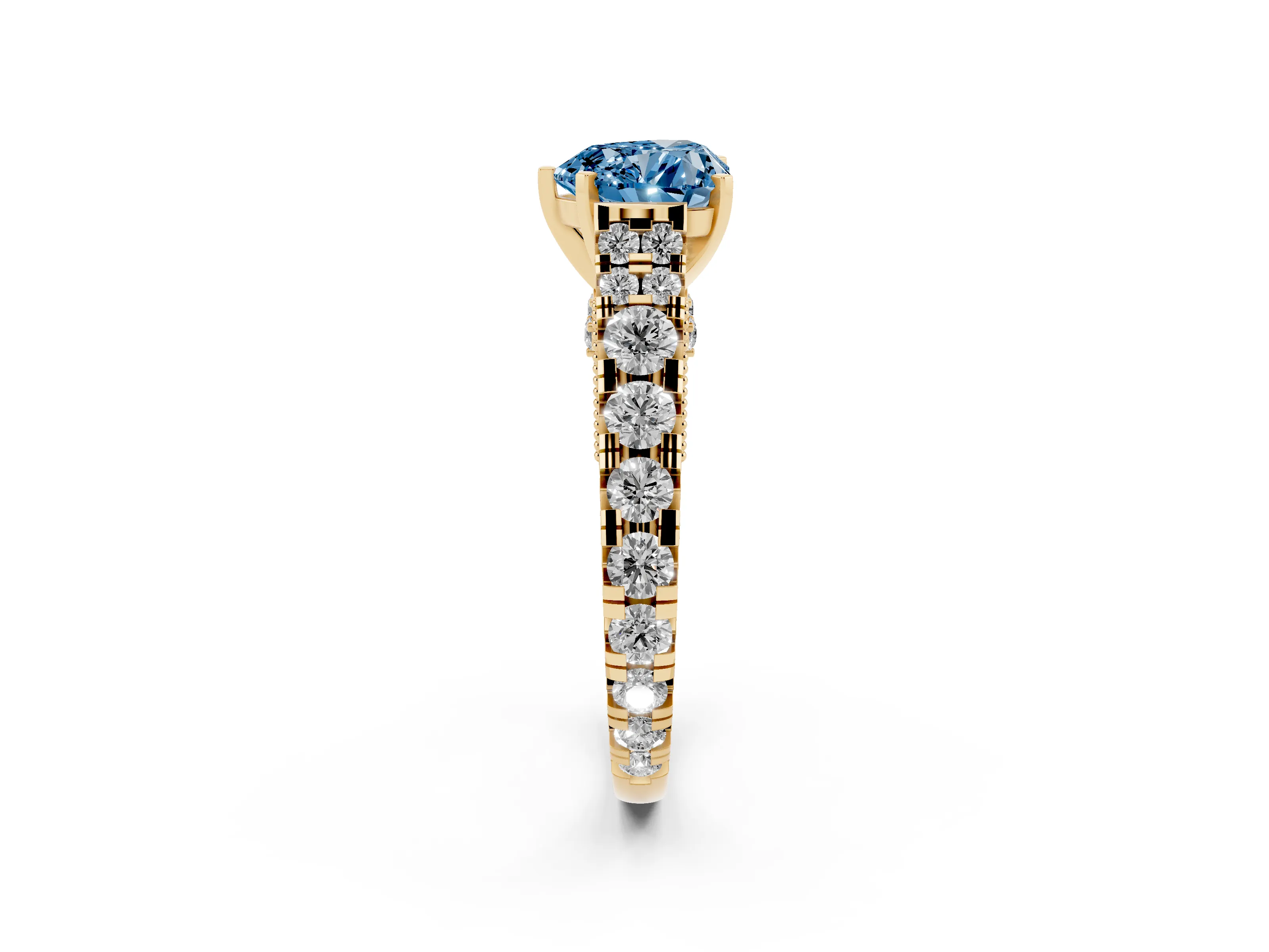 Fancy Blue Heart Cut Diamond Classic Solitaire Ring Set in Yellow gold with Pavé Band and Prong Setting