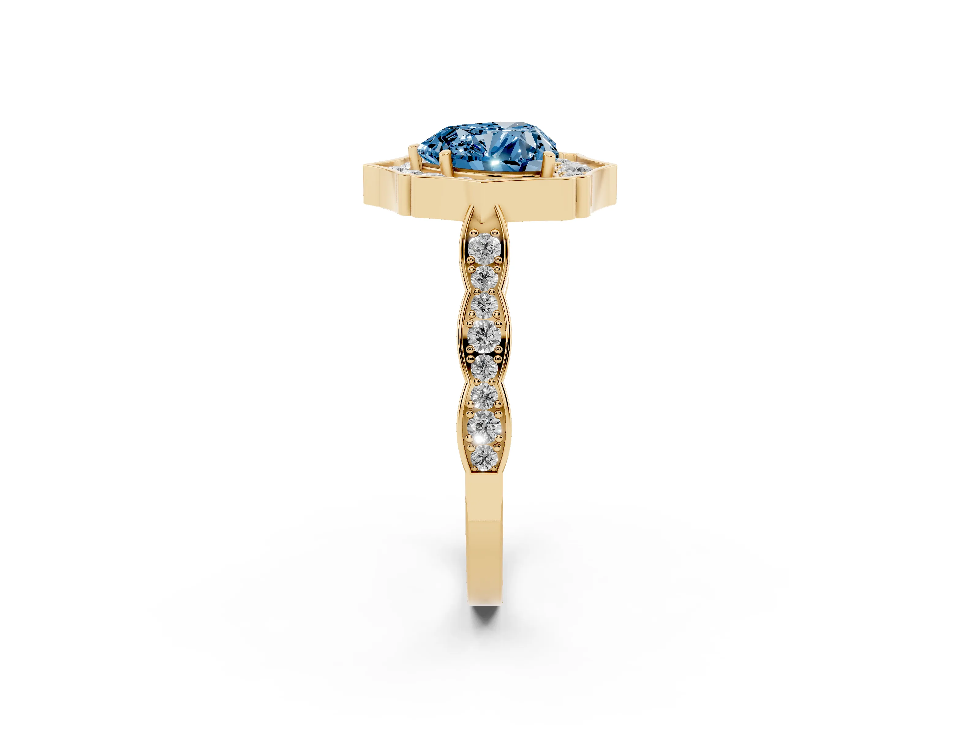Fancy Blue Heart Cut Diamond Halo Engagement Ring Set in Yellow gold with Milgrain Band and Prong Setting