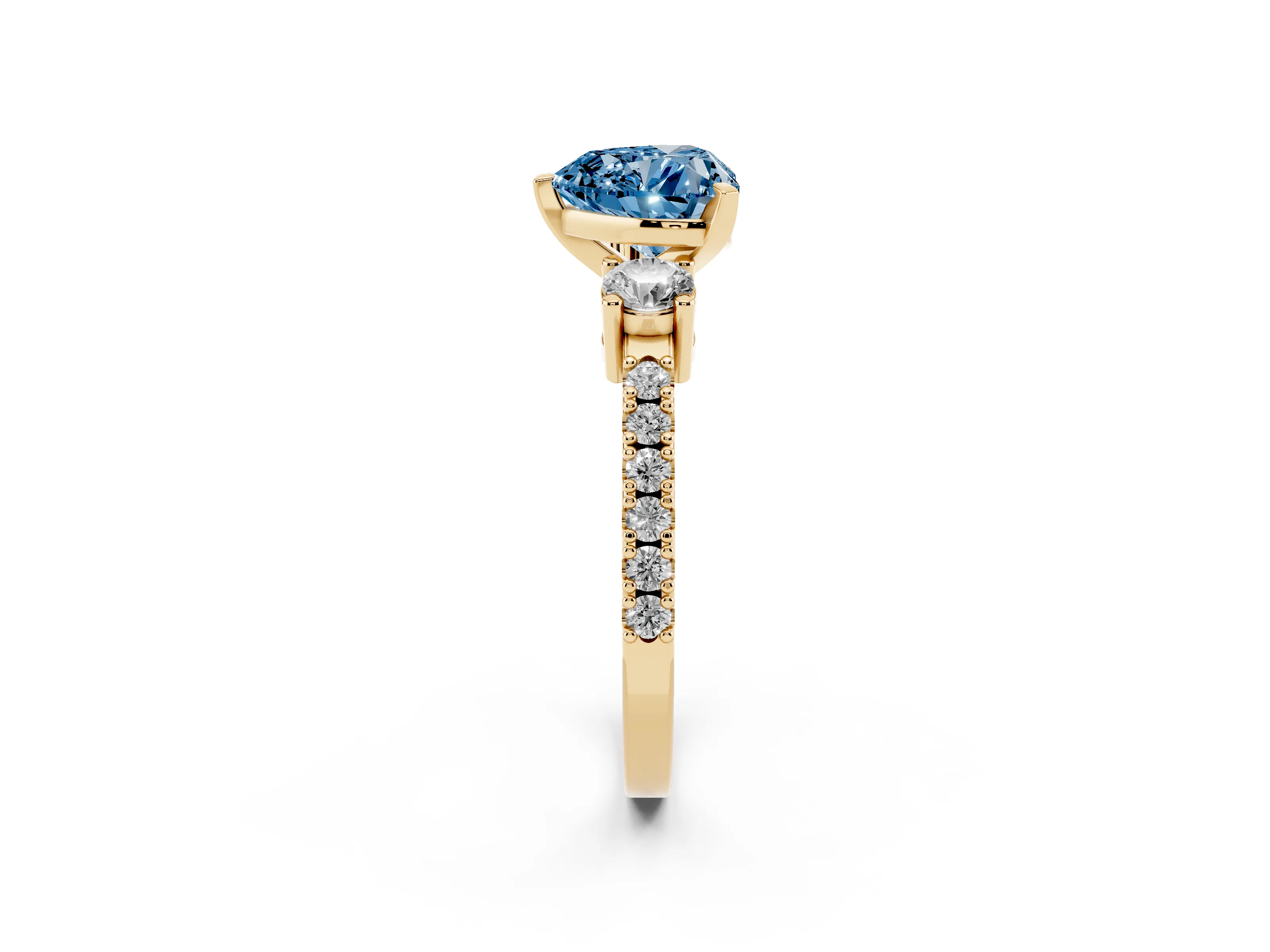 Fancy Blue Three-Stone Heart Cut Diamond Pavé Band Ring Set in Yellow gold with Prong Setting