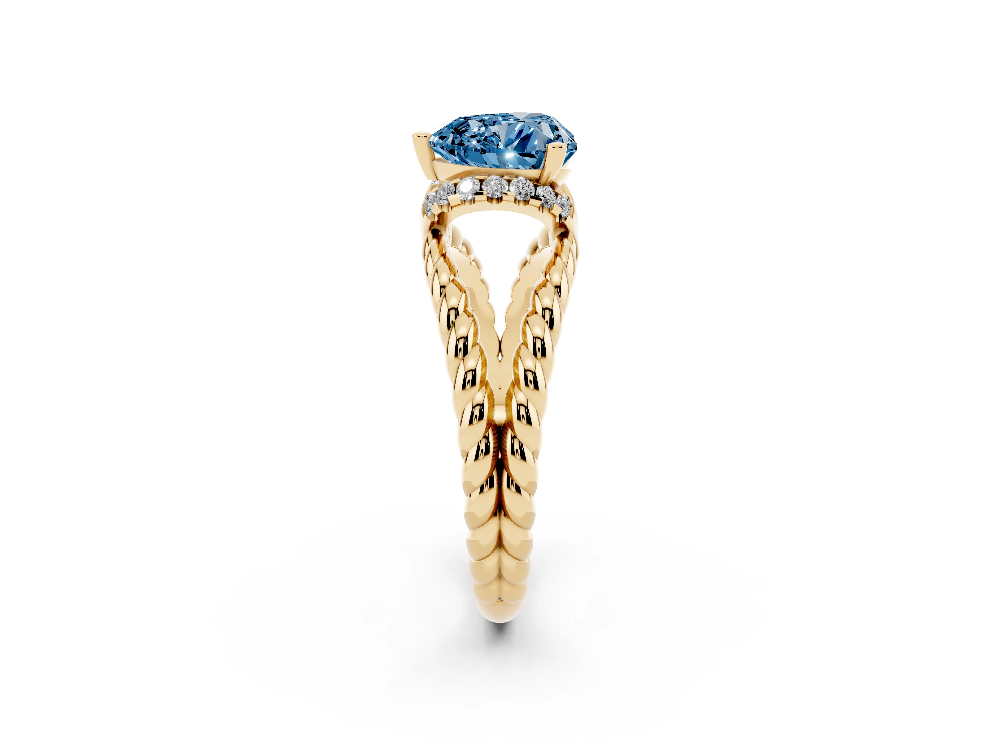 Fancy Blue Heart Cut Diamond Halo Ring Set in Yellow gold with Twisted Band and Prong Setting