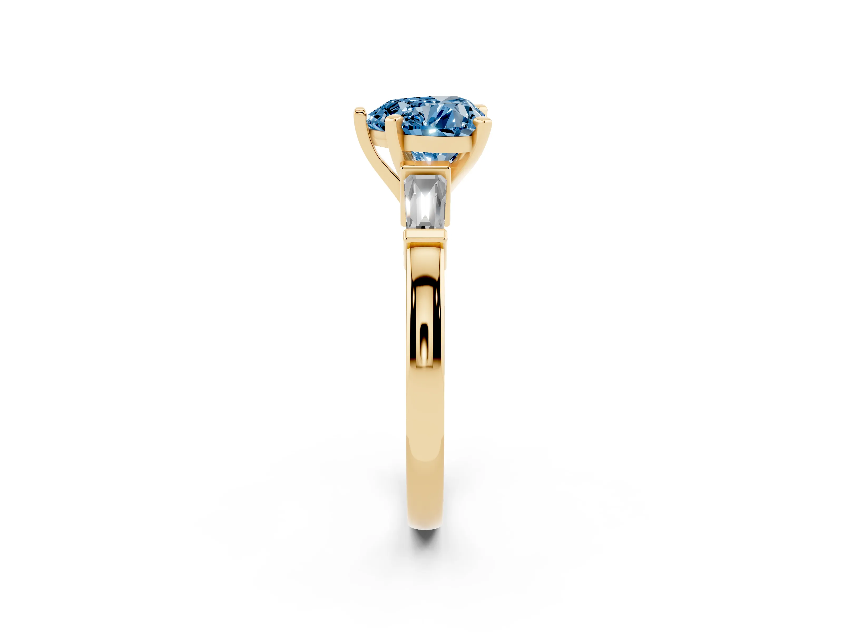 Fancy Blue Heart Cut Diamond Solitaire Ring Set in Yellow gold with Tapered Baguette Accents and Prong Setting