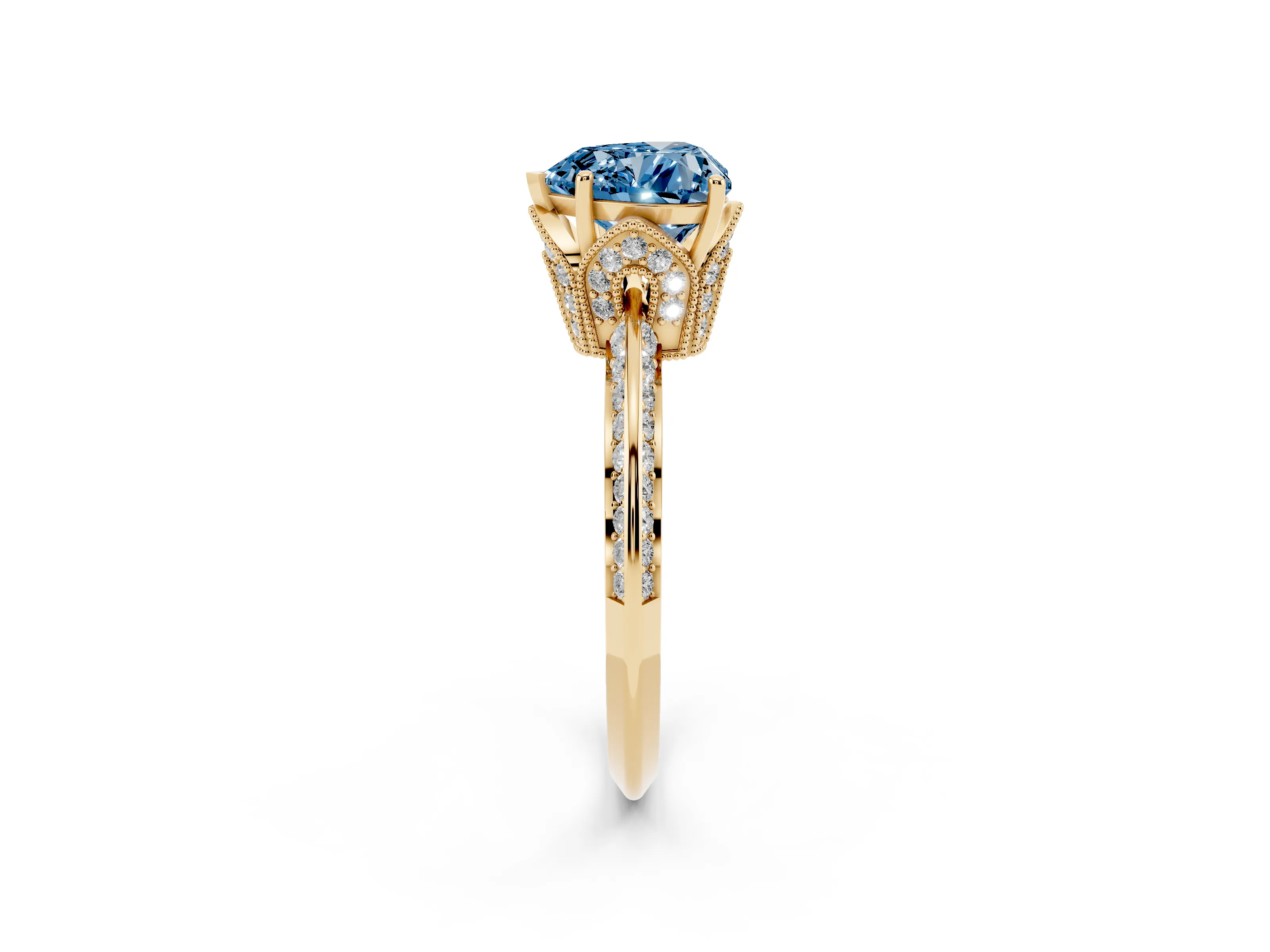 Fancy Blue Heart Cut Diamond Solitaire Engagement Ring Set in Yellow gold with Pavé Split Shank and Prong Setting
