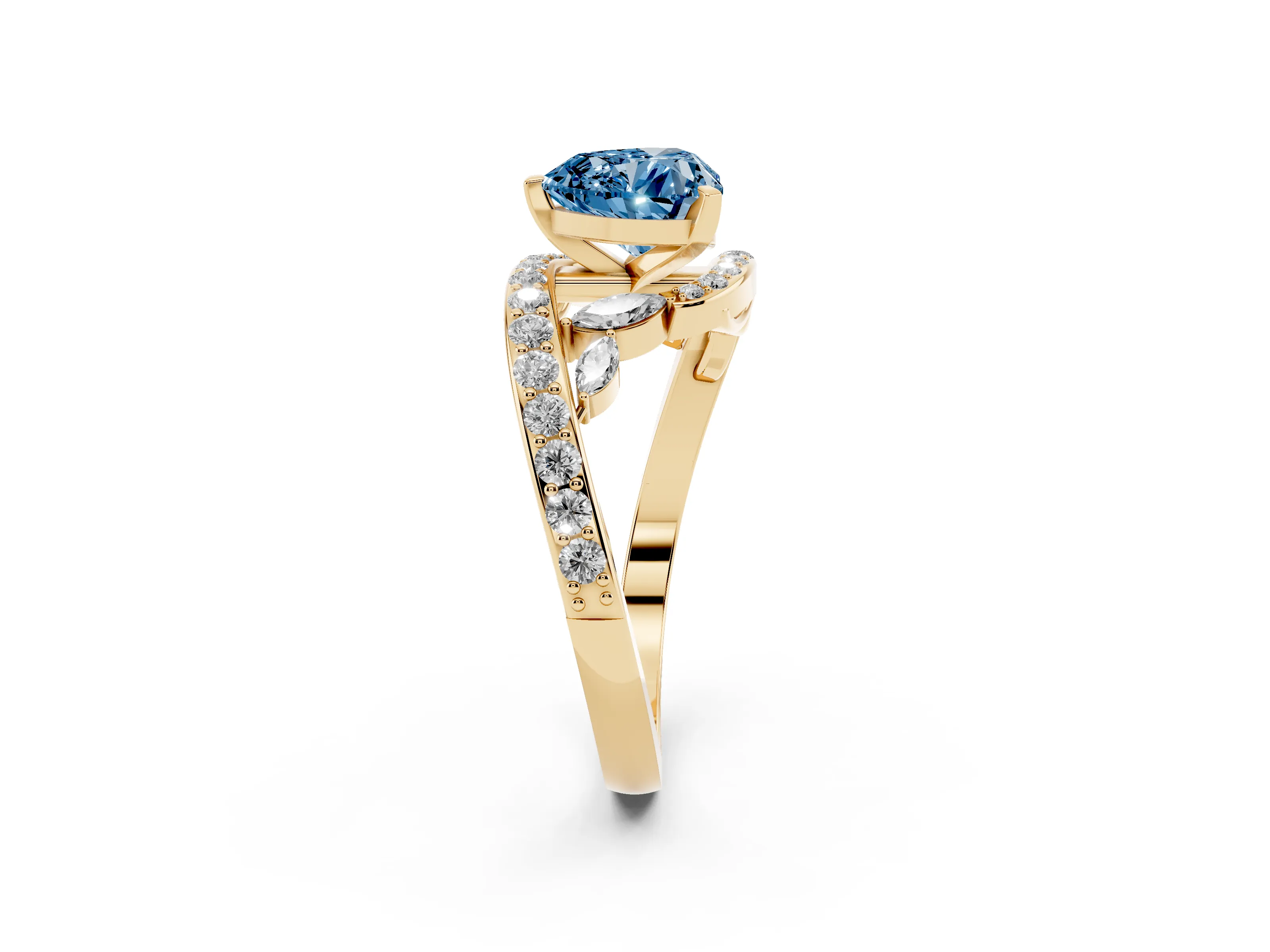 Fancy Blue Heart Cut Diamond Solitaire Ring Set in Yellow gold with Pavé Twist Band and Secure Prong Setting