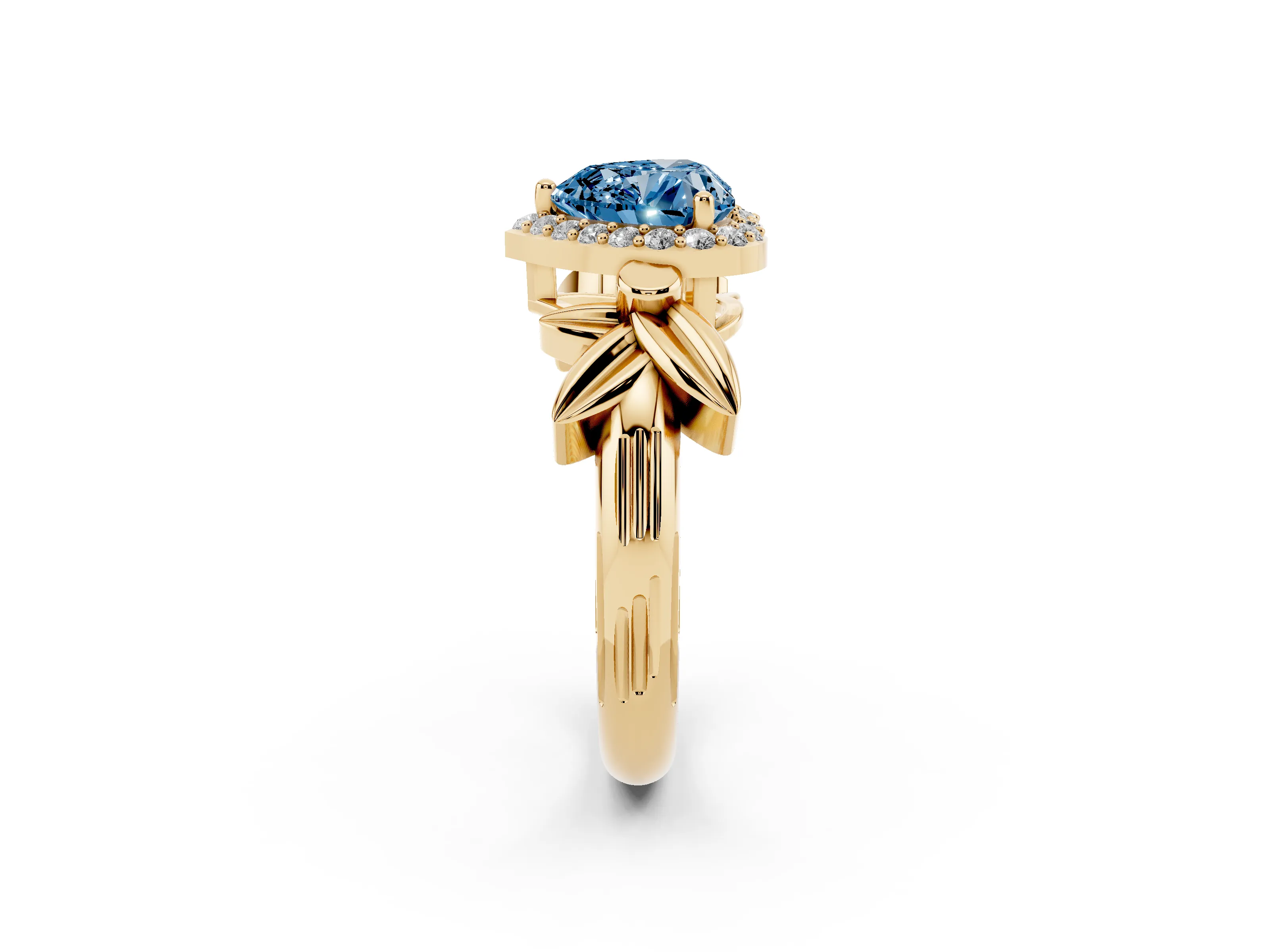 Fancy Blue Heart Cut Diamond Halo Floral Band Ring Set in Yellow gold with Prong Setting