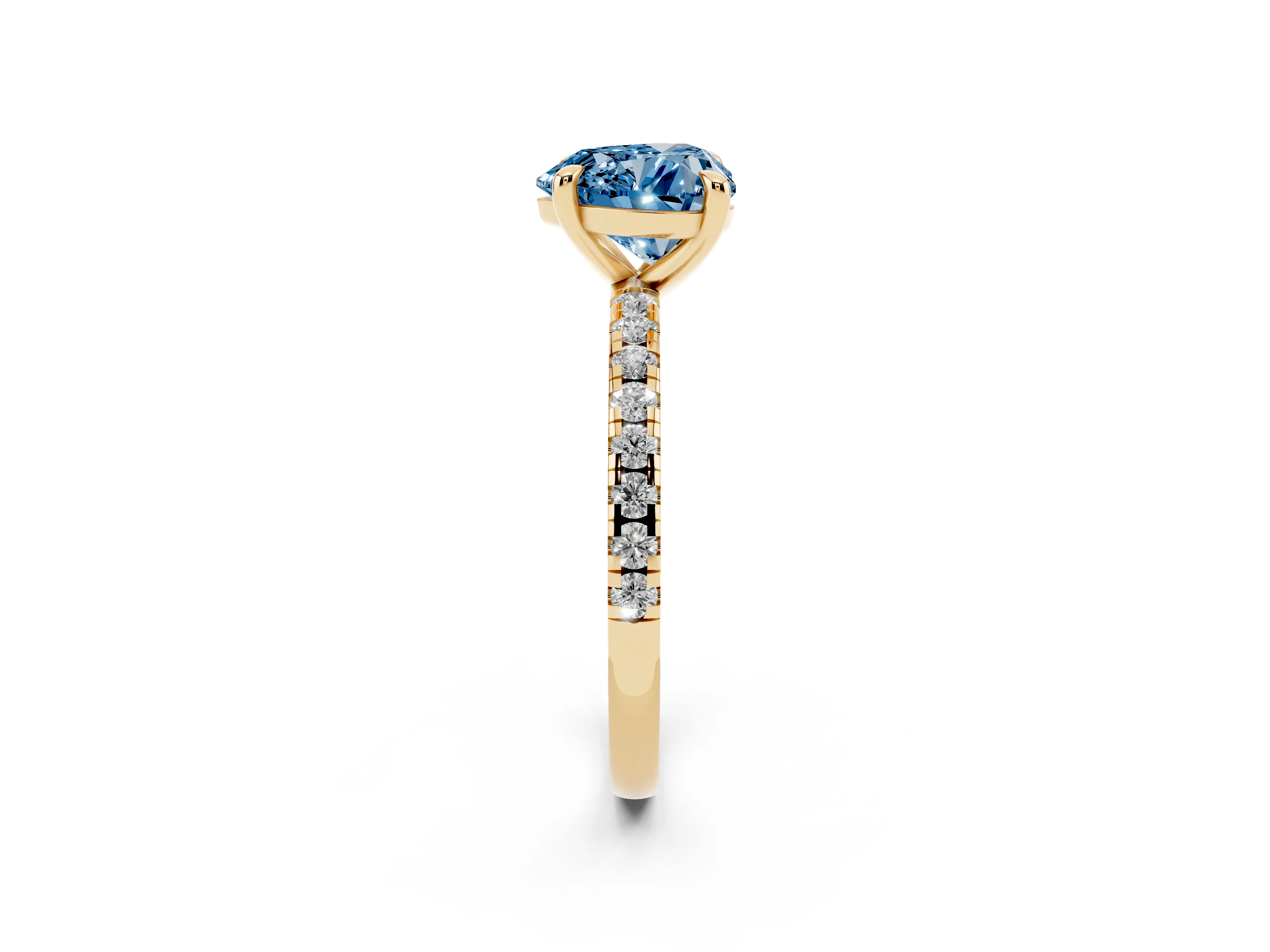 Fancy Blue Heart Cut Diamond Brilliant Solitaire Ring Set in Yellow gold with Pavé Band and Prong Setting