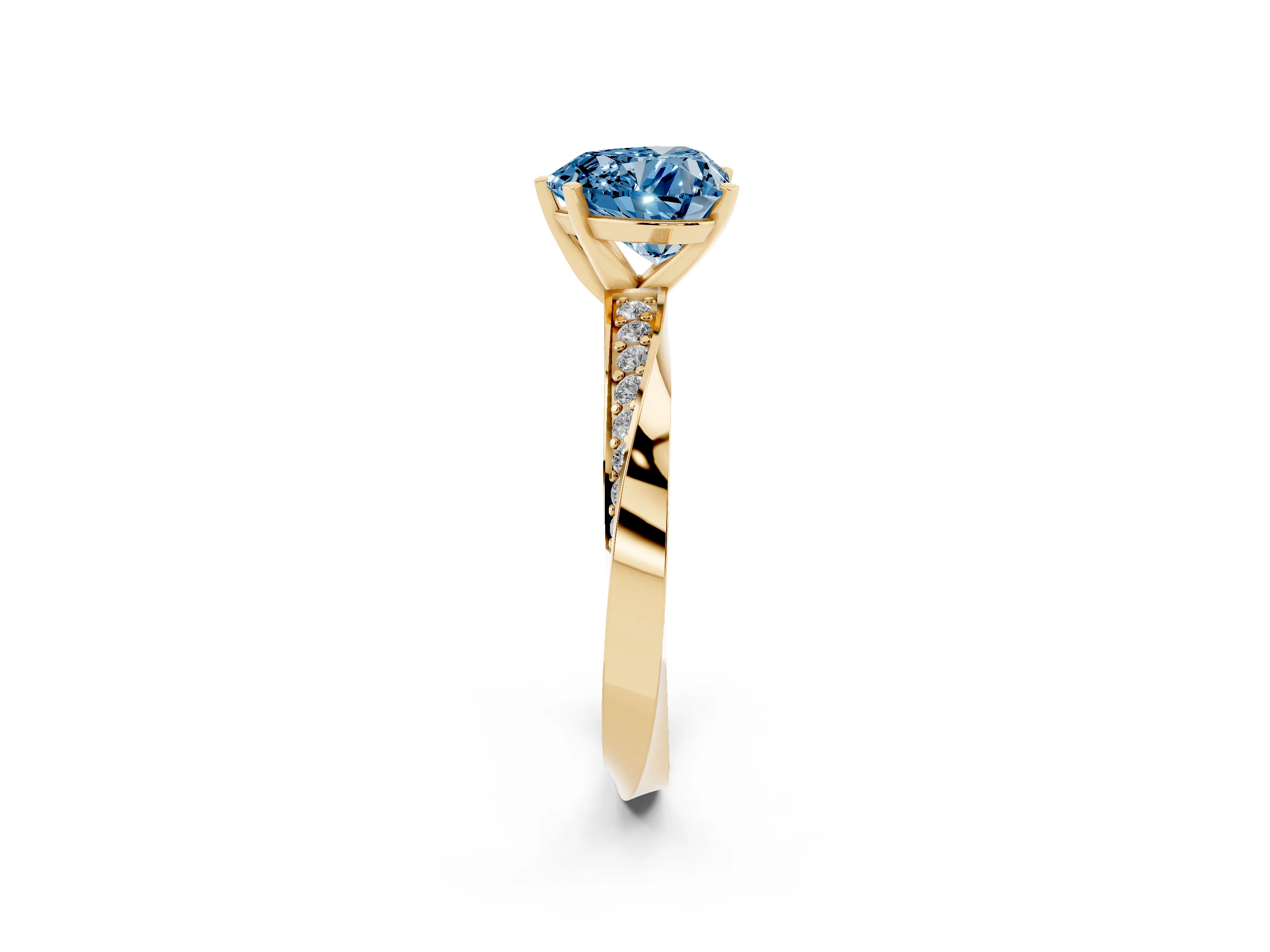 Fancy Blue Heart Cut Diamond Engagement Ring Set in Yellow gold with Side Stone Accents and Prong Setting