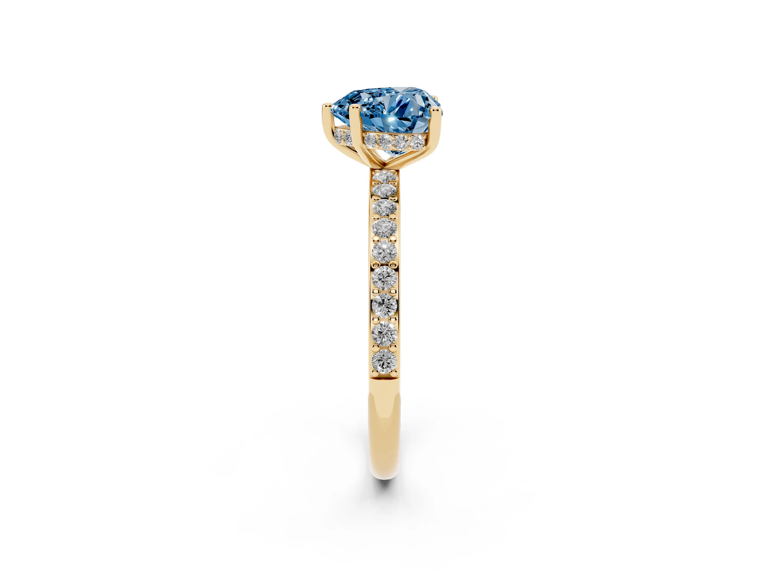 Fancy Blue Heart Cut Diamond Pavé Band Ring Set in Yellow gold with Prong-Set Center Stone