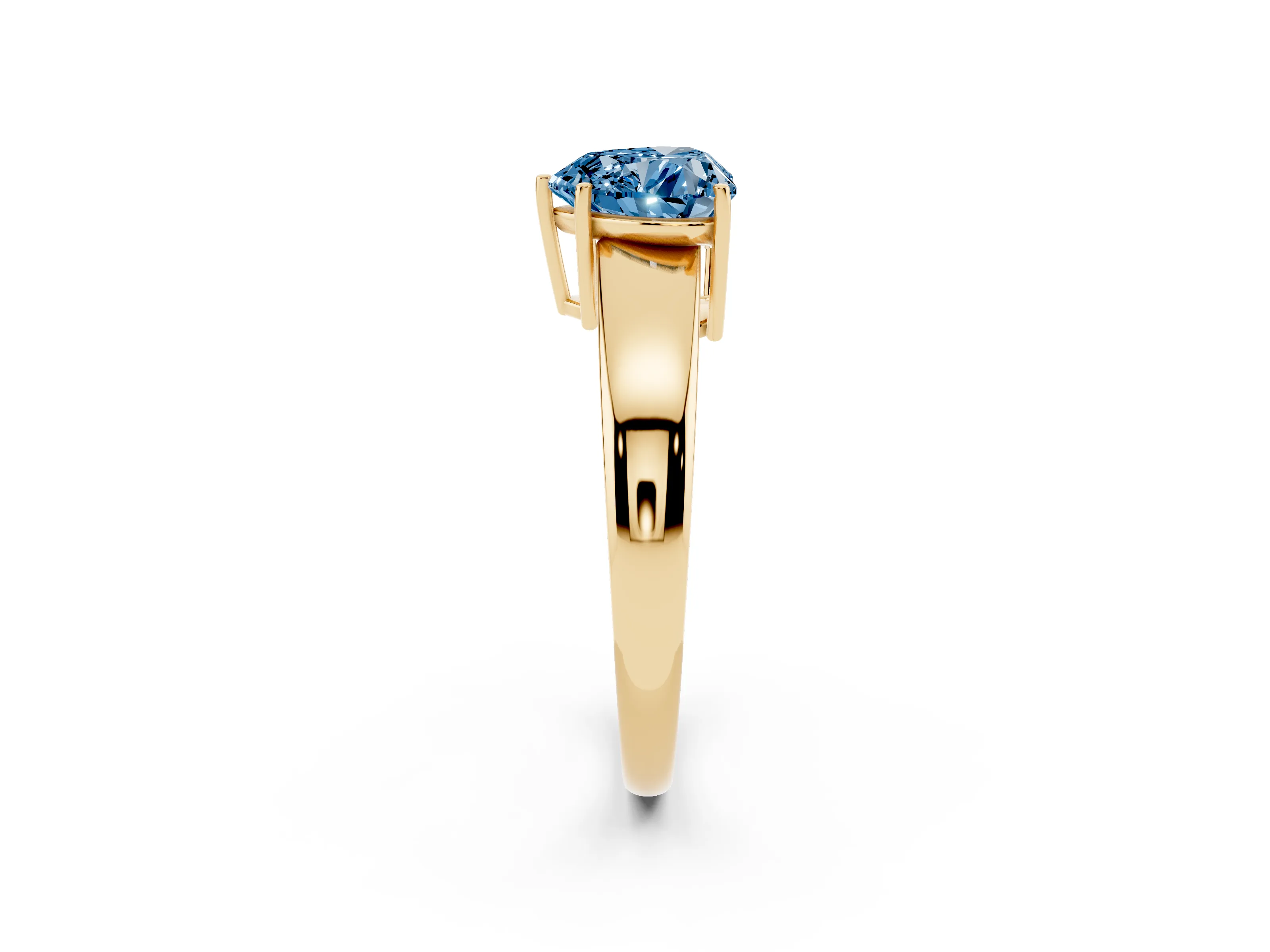 Fancy Blue Heart Cut Diamond Solitaire Ring Set in Yellow gold with Tapered Band and Prong Setting