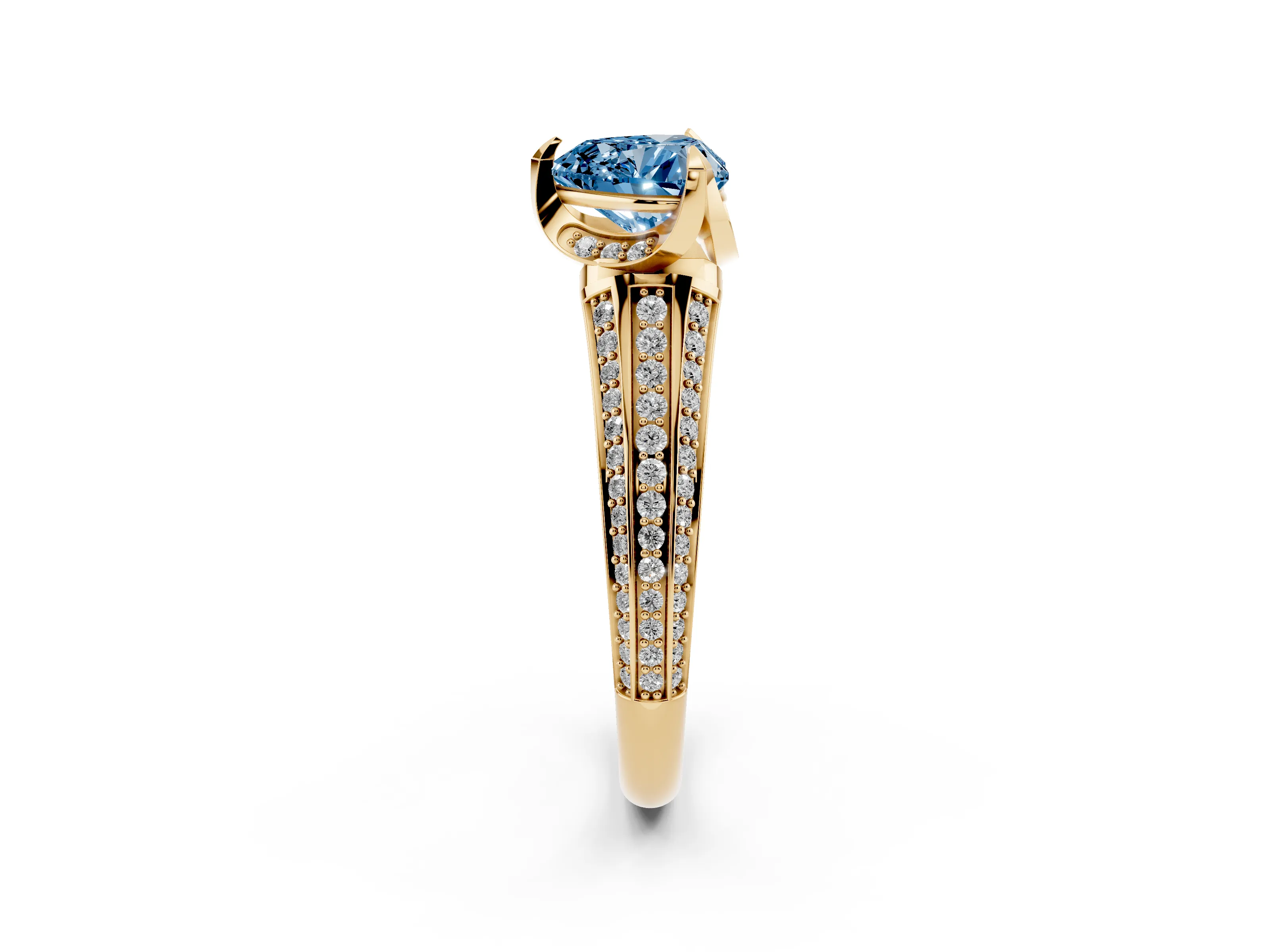 Fancy Blue Heart Cut Diamond Pavé Split Shank Solitaire Ring Set in Yellow gold with Prong Setting