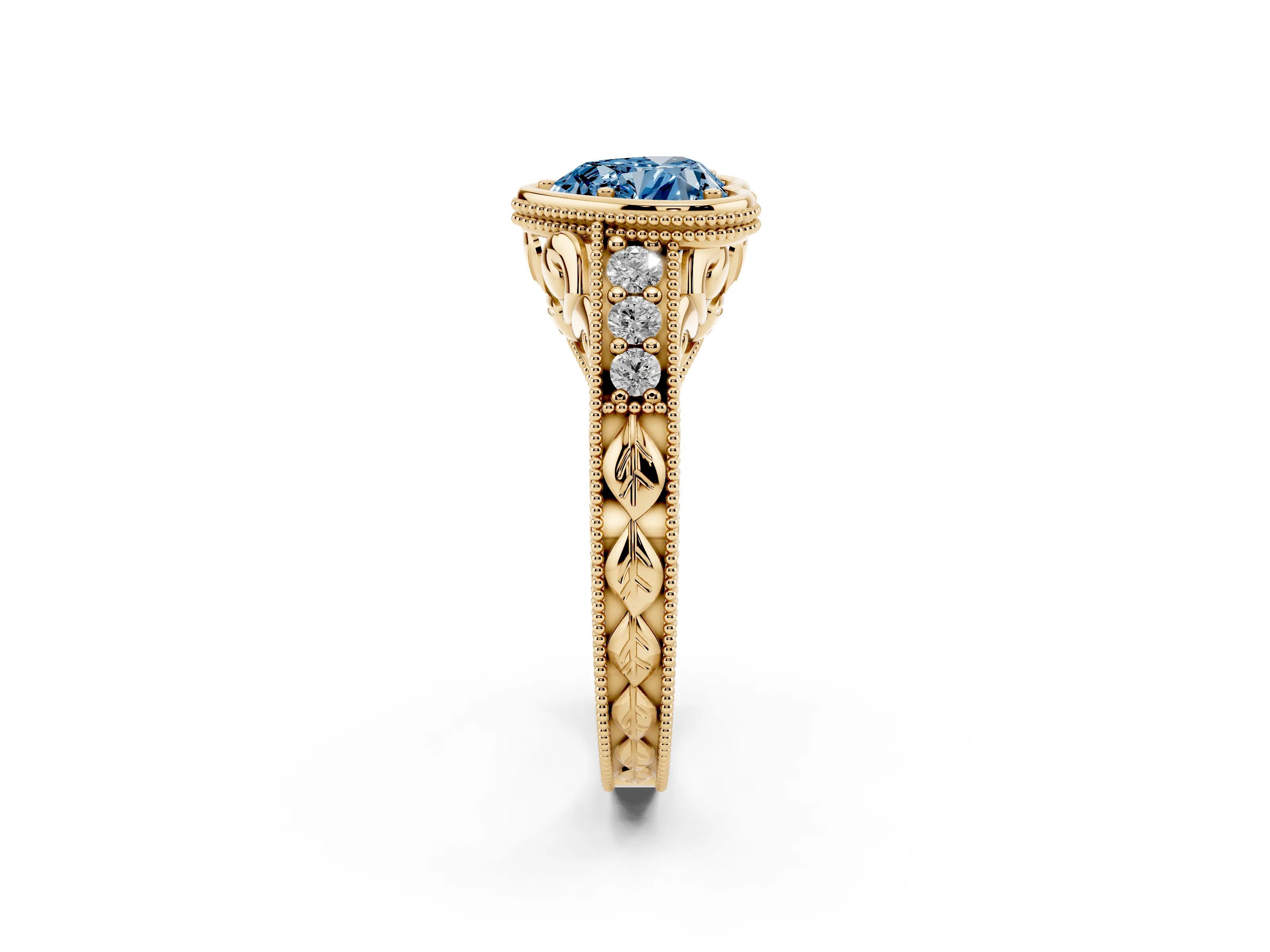 Fancy Blue Bezel Set Heart Cut Diamond Milgrain Pavé Engagement Ring Set in Yellow gold