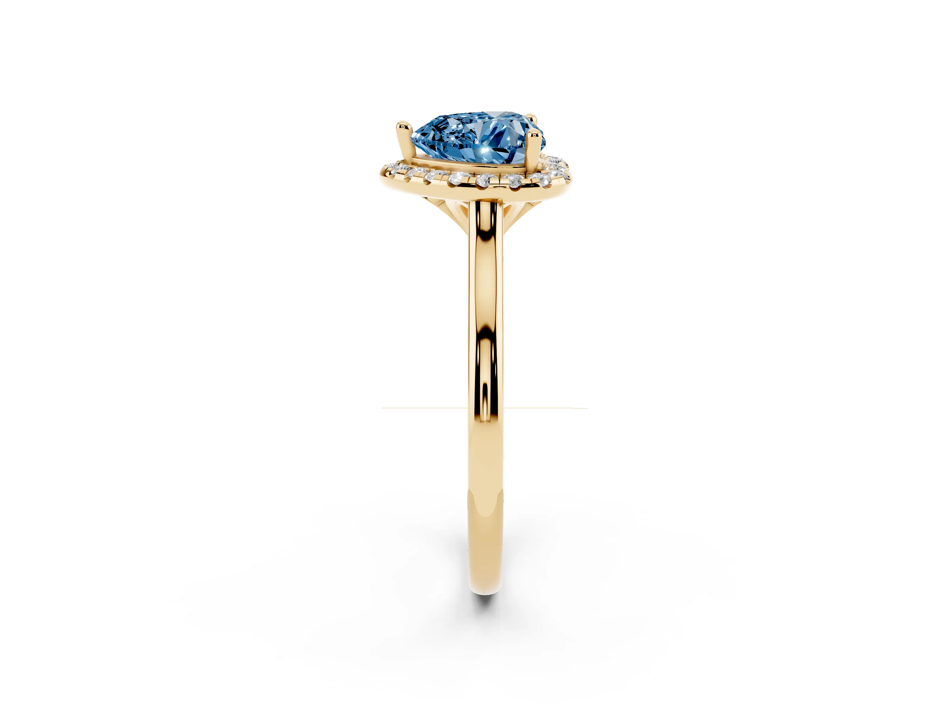 Fancy Blue Heart Cut Diamond Halo Engagement Ring Set in Yellow gold with Pavé Band and Rising Shoulders
