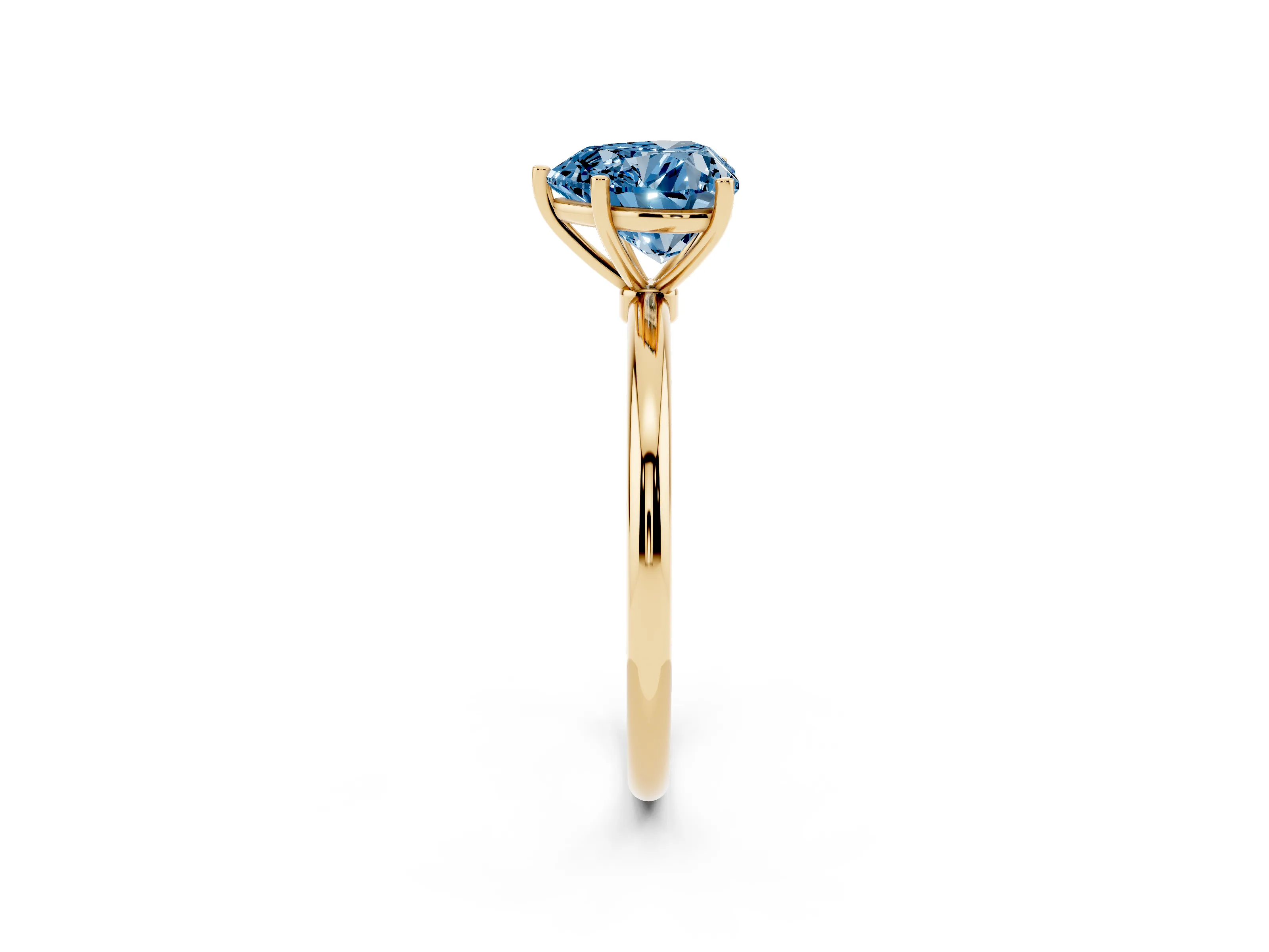 Fancy Blue Heart Cut Diamond Solitaire Engagement Ring Set in Yellow gold with Thin Band and Prong Setting