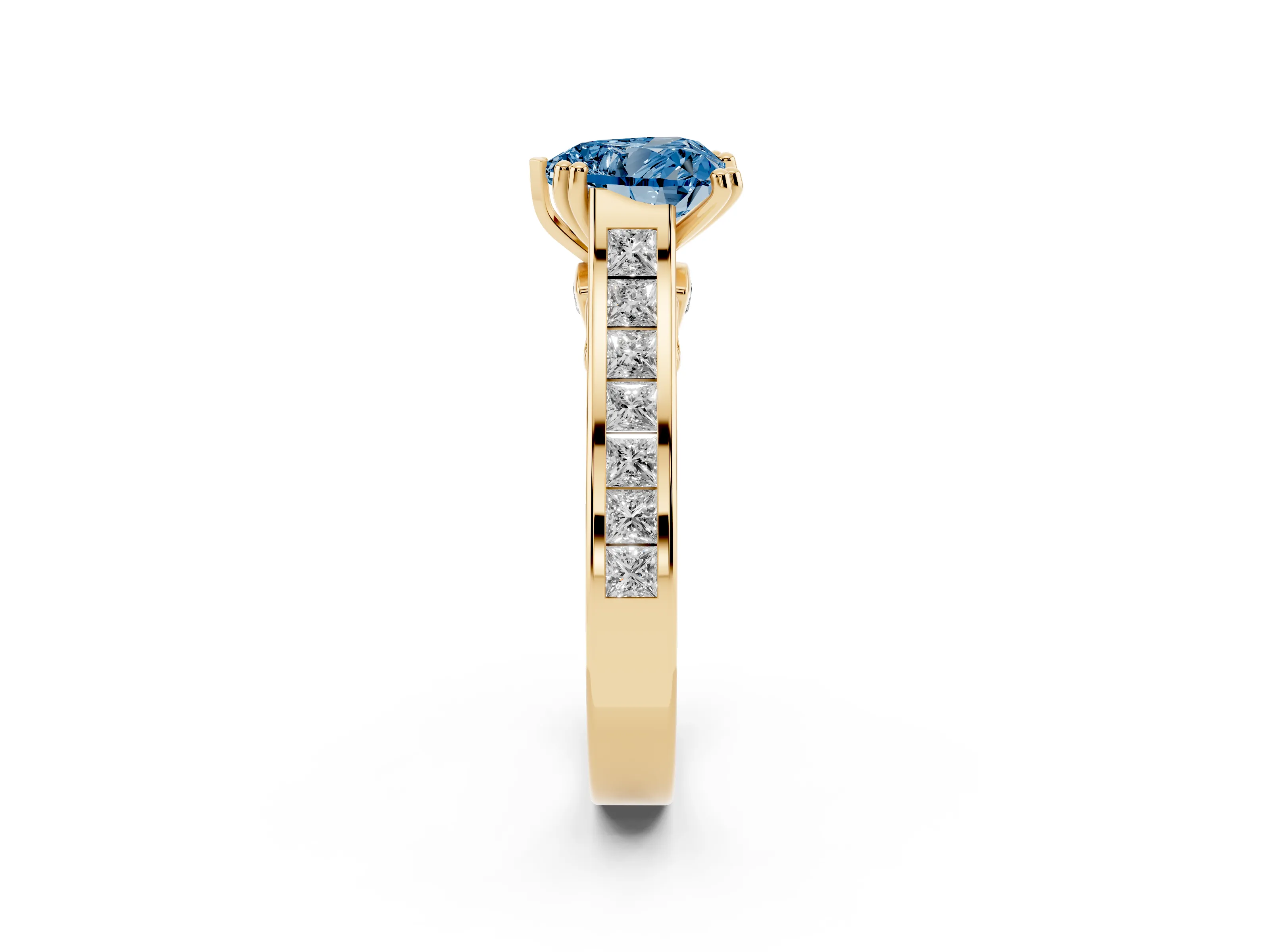 Fancy Blue Heart Cut Diamond Channel Set Solitaire Engagement Ring Set in Yellow gold with Prong Setting