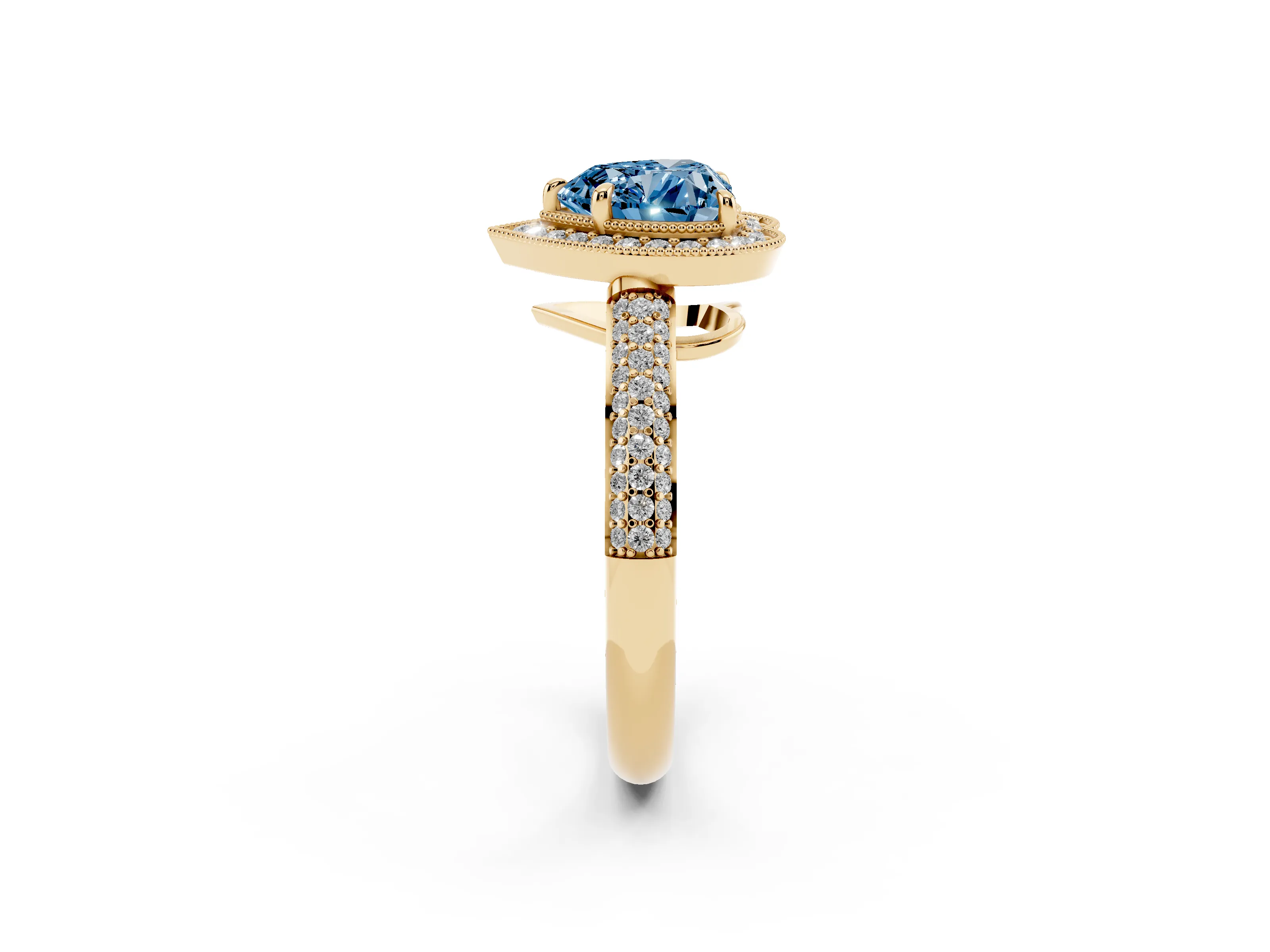 Fancy Blue Heart Cut Diamond Halo Pavé Band Set in Yellow gold with Prong Setting