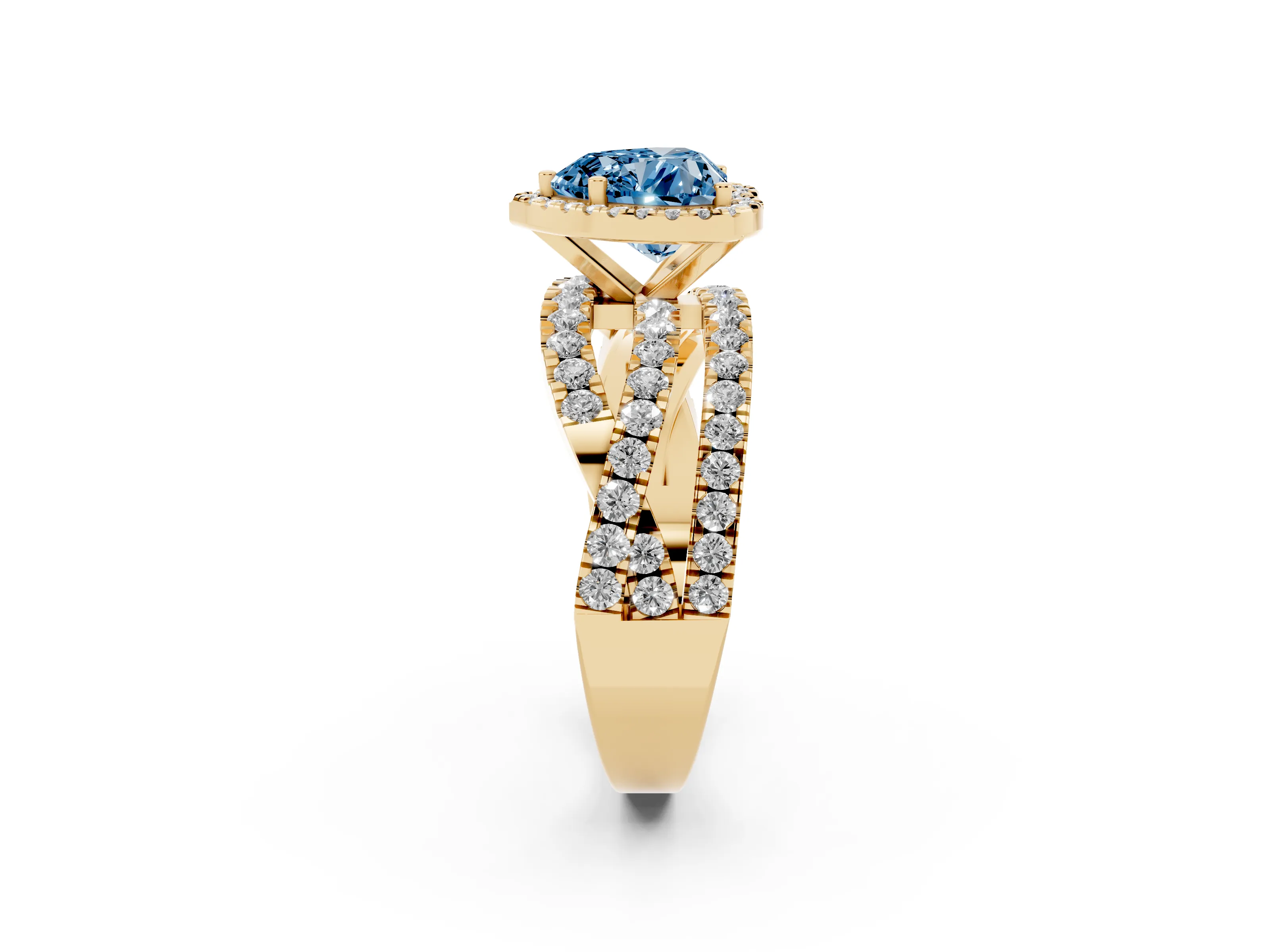 Fancy Blue Heart Cut Diamond Halo Ring Set in Yellow gold with Round Crossover Split Shank and Prong Setting