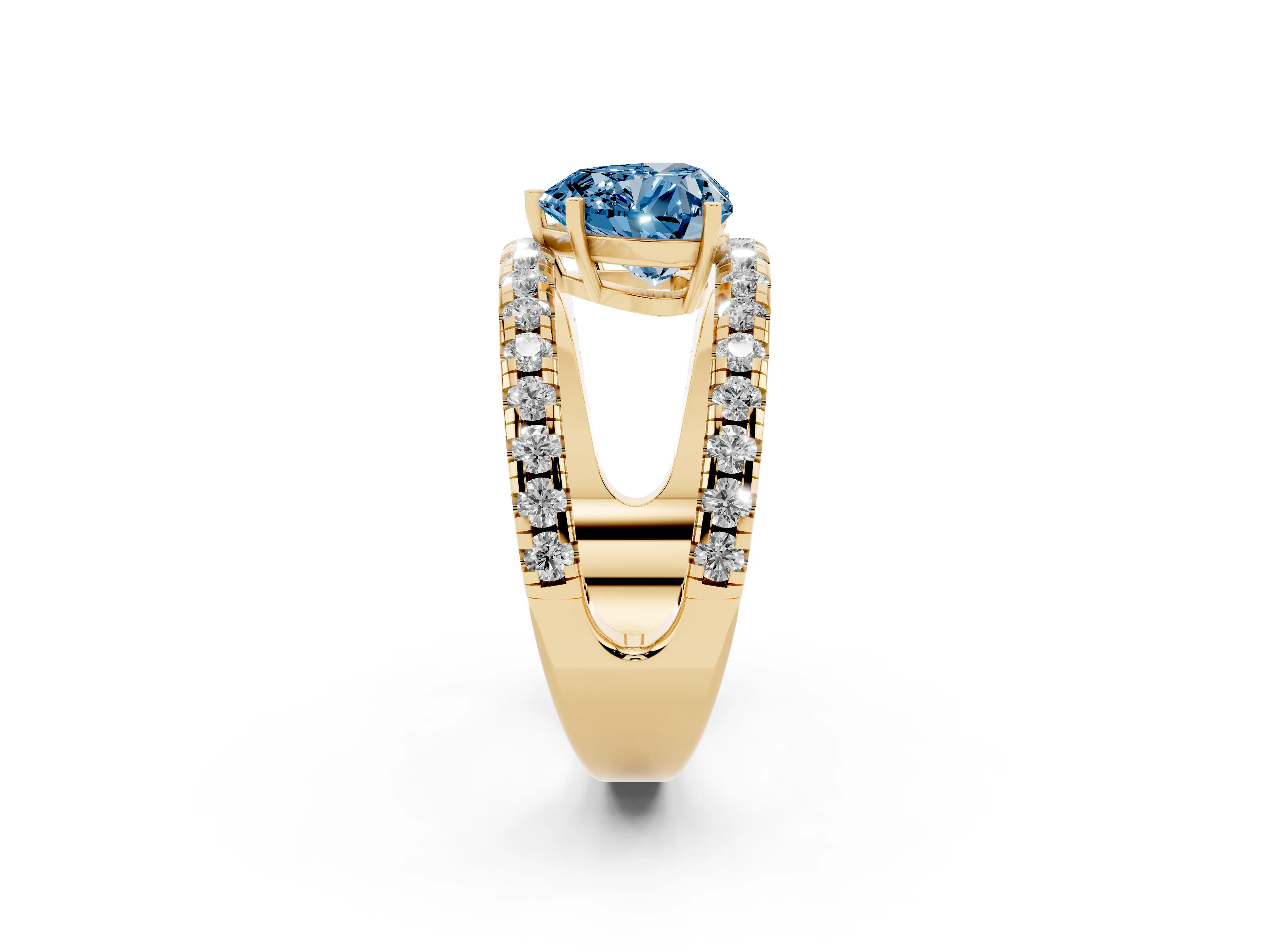 Fancy Blue Heart Cut Diamond Split Shank Pavé Solitaire Ring Set in Yellow gold with Open Shank Design