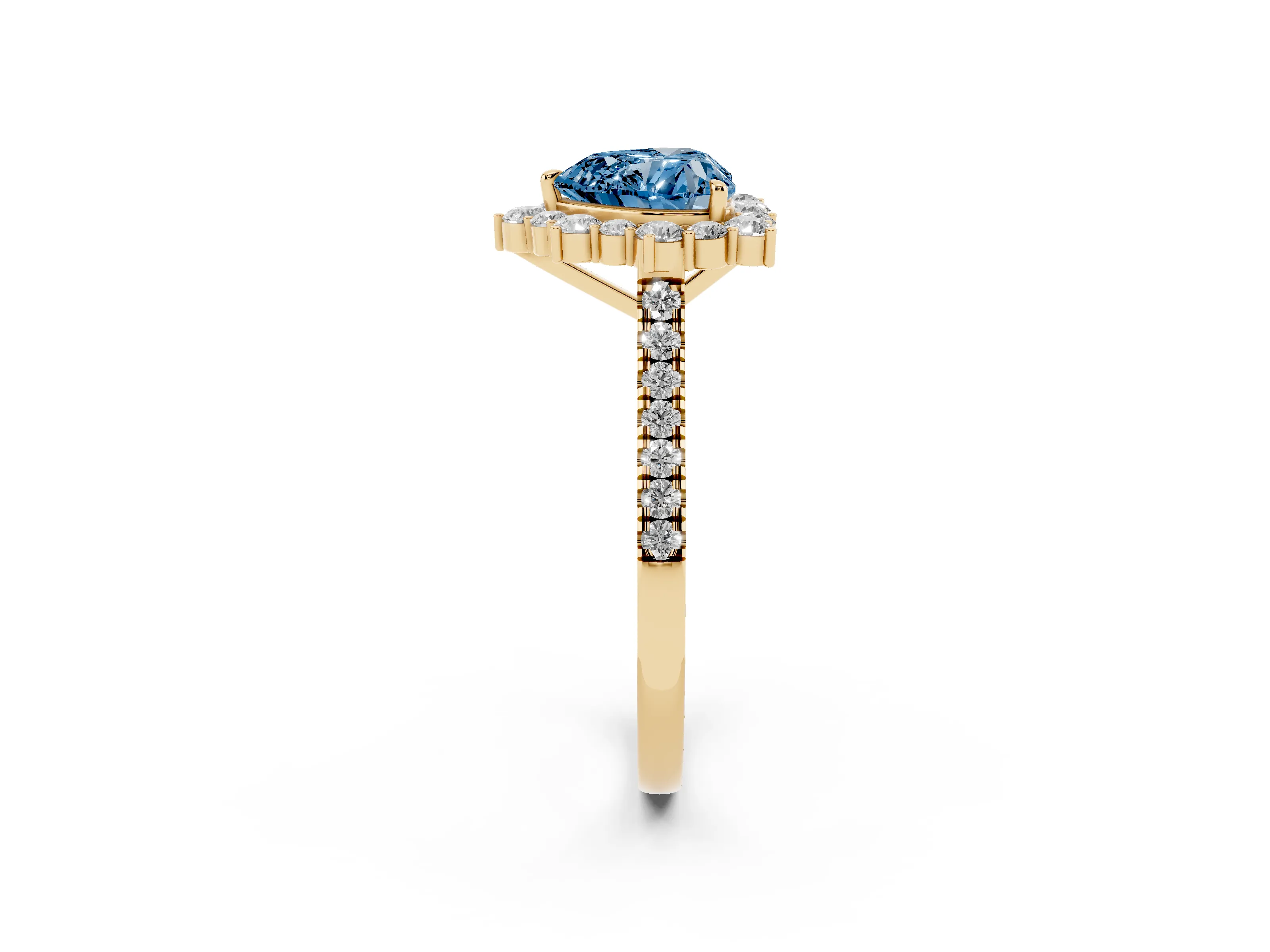 Fancy Blue Heart Cut Diamond Halo Ring Set in Yellow gold with Pavé Band and Prong Setting