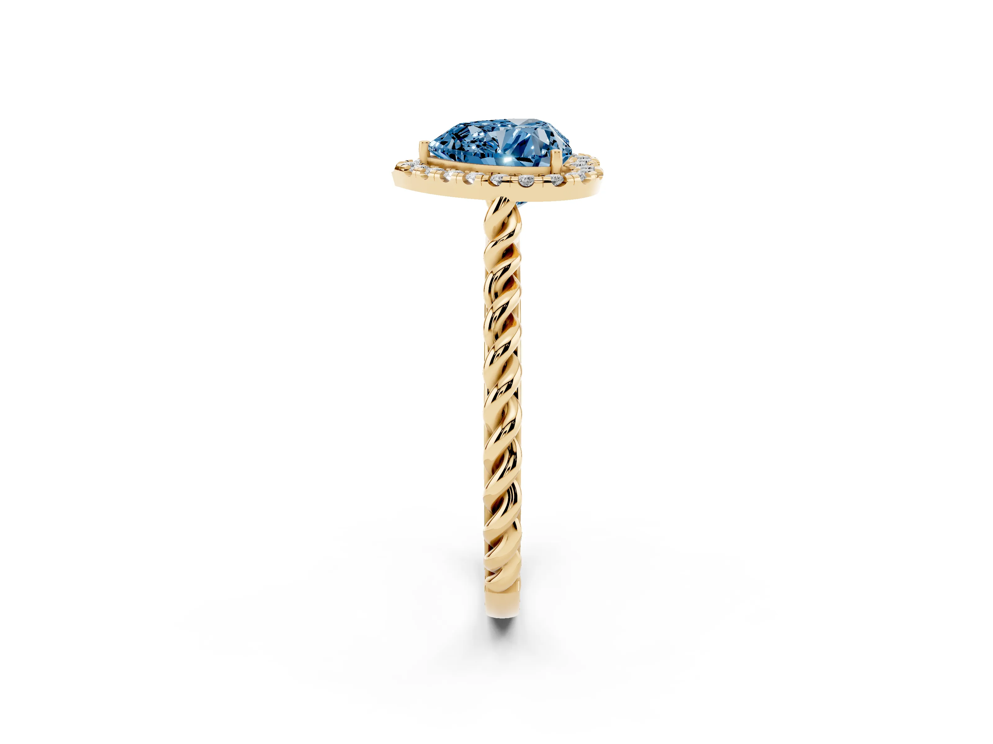 Fancy Blue Heart Cut Diamond Halo Ring Set in Yellow gold with Plain Twisted Band