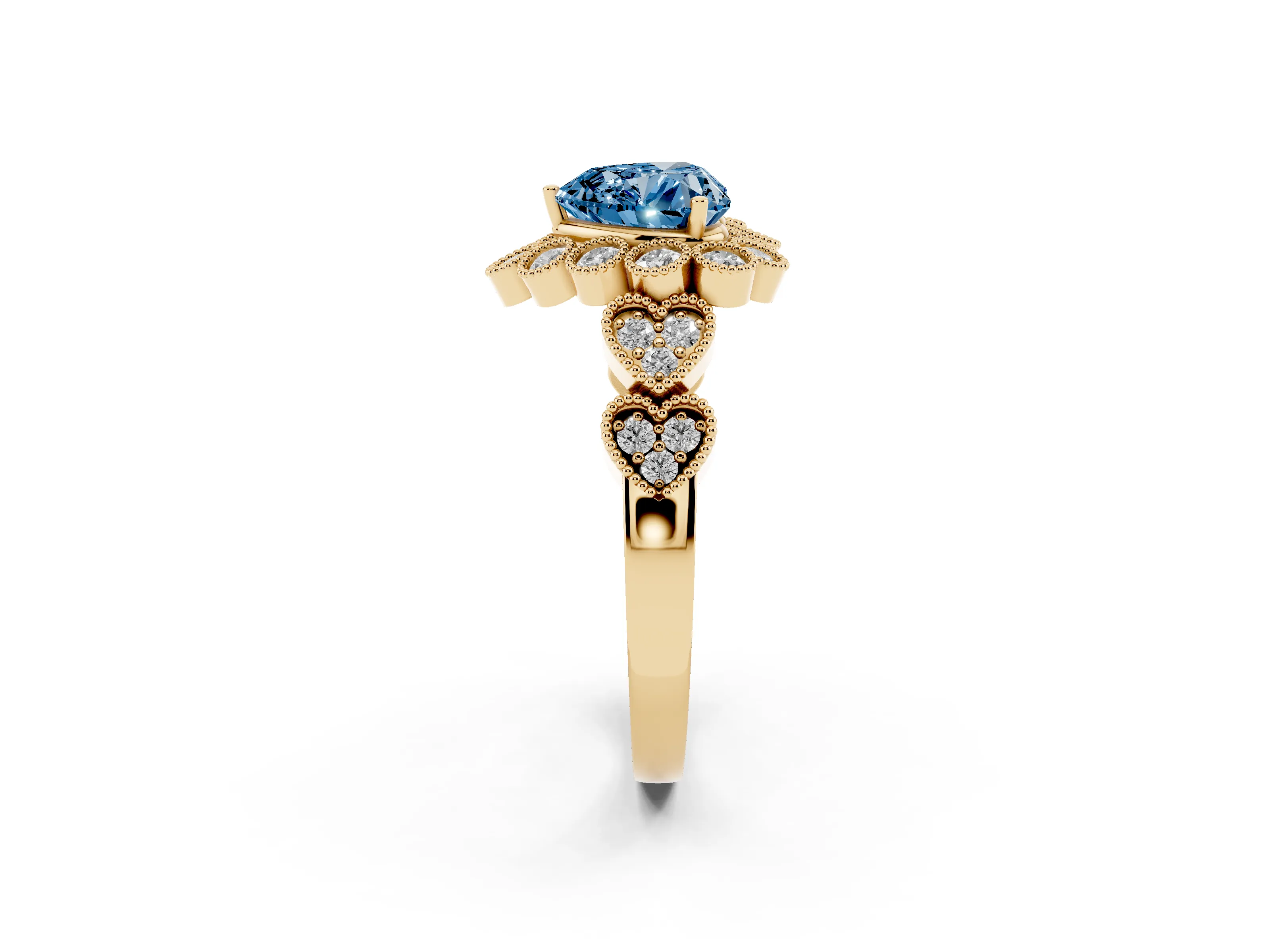 Fancy Blue Heart Cut Diamond Solitaire Ring Set in Yellow gold with Milgrain Pavé Heart Band