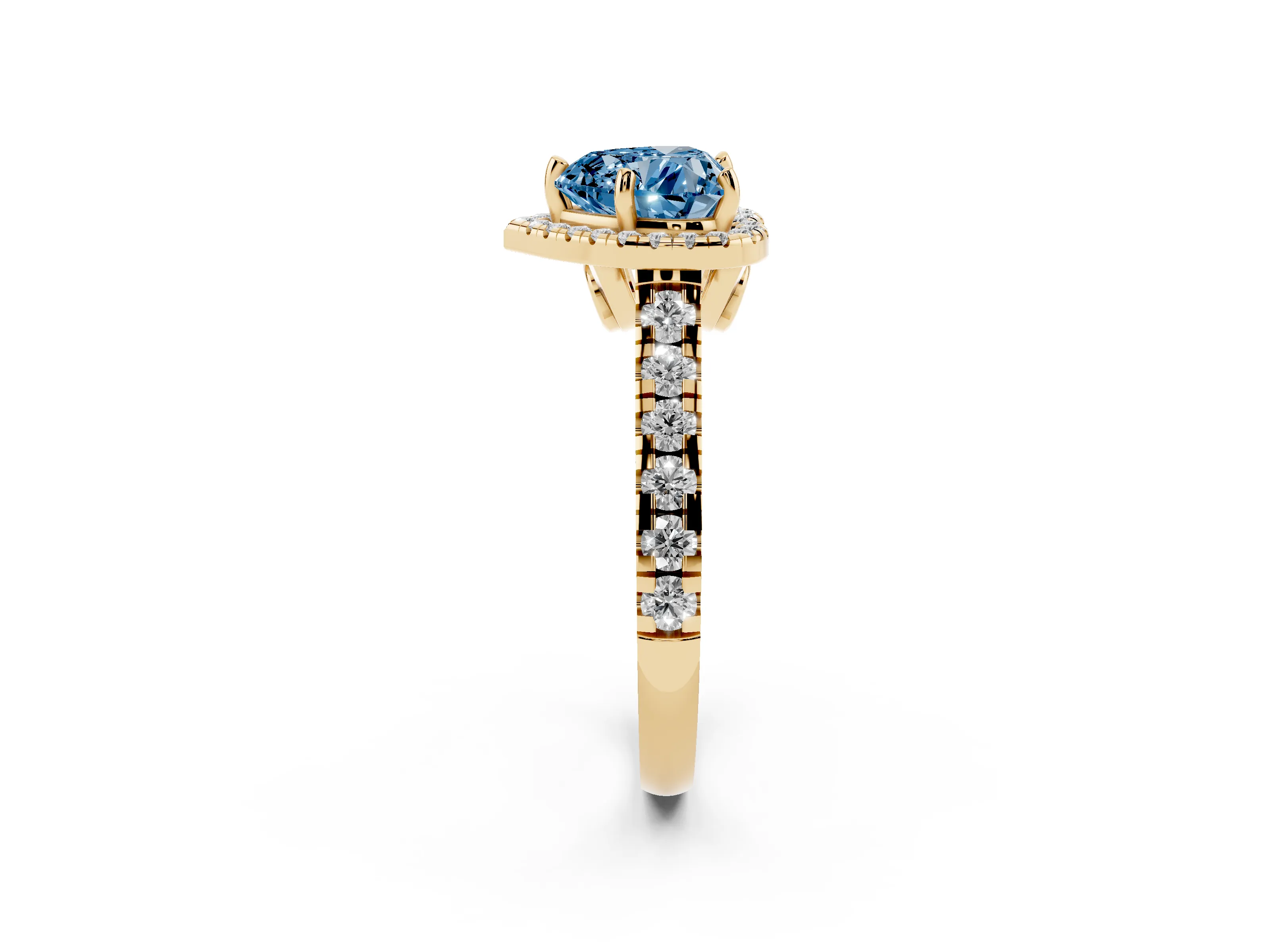 Fancy Blue Heart Cut Diamond Halo Engagement Ring Set in Yellow gold with Pavé Band and Prong-Set Center