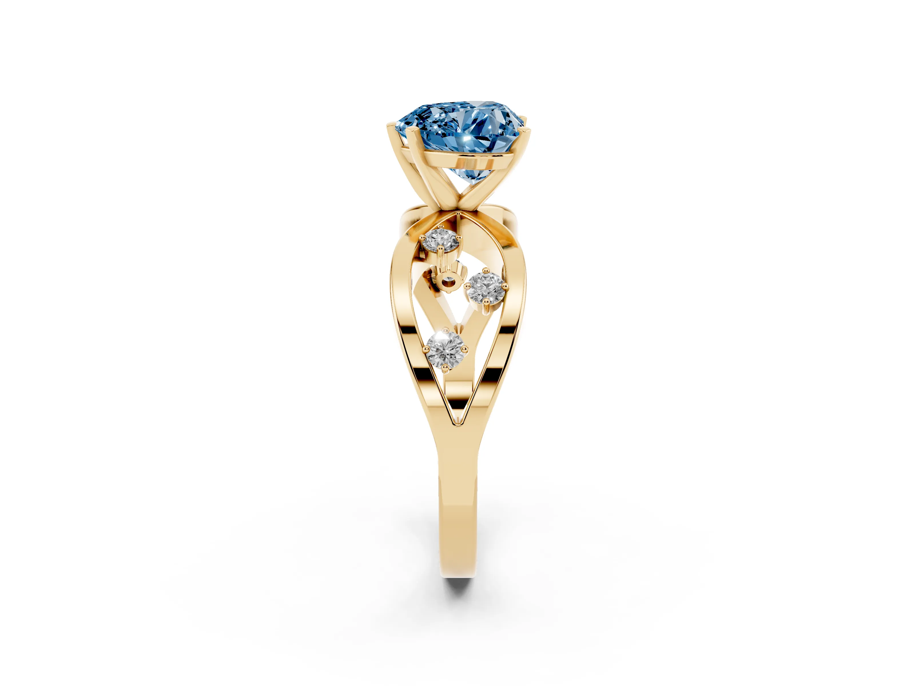 Fancy Blue Heart Cut Diamond Solitaire Ring Set in Yellow gold with Side Stones on Criss-Cross Band and Prong Setting