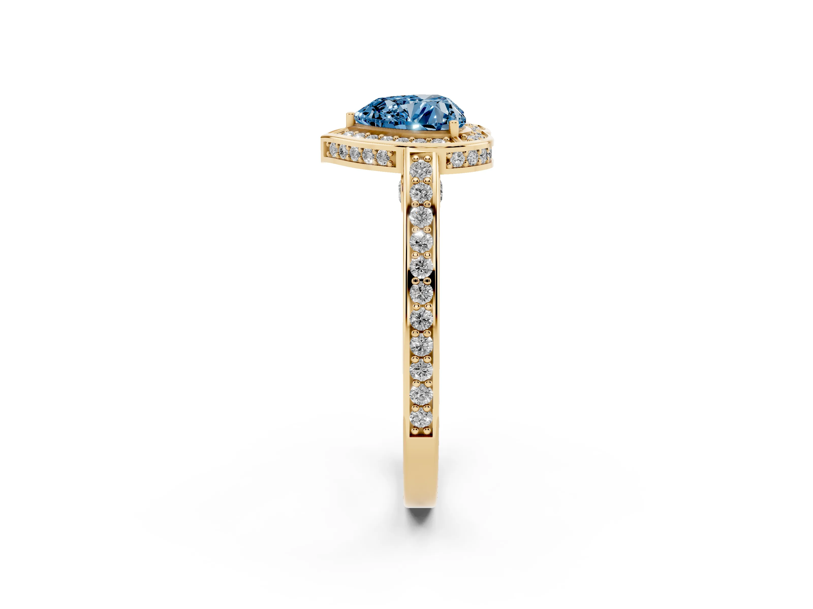 Fancy Blue Heart Cut Diamond Halo Pavé Split Shank Ring Set in Yellow gold with Prong Setting