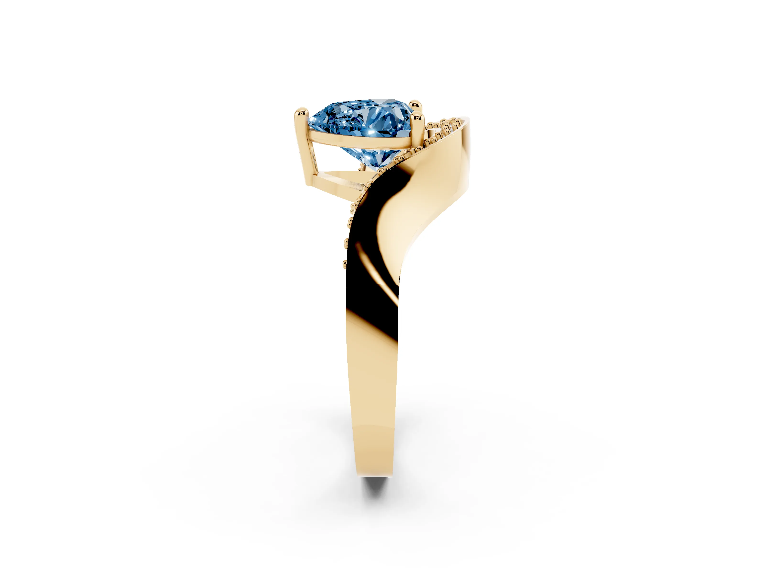Fancy Blue Heart Cut Diamond Solitaire Engagement Ring Set in Yellow gold with Pavé Shoulders
