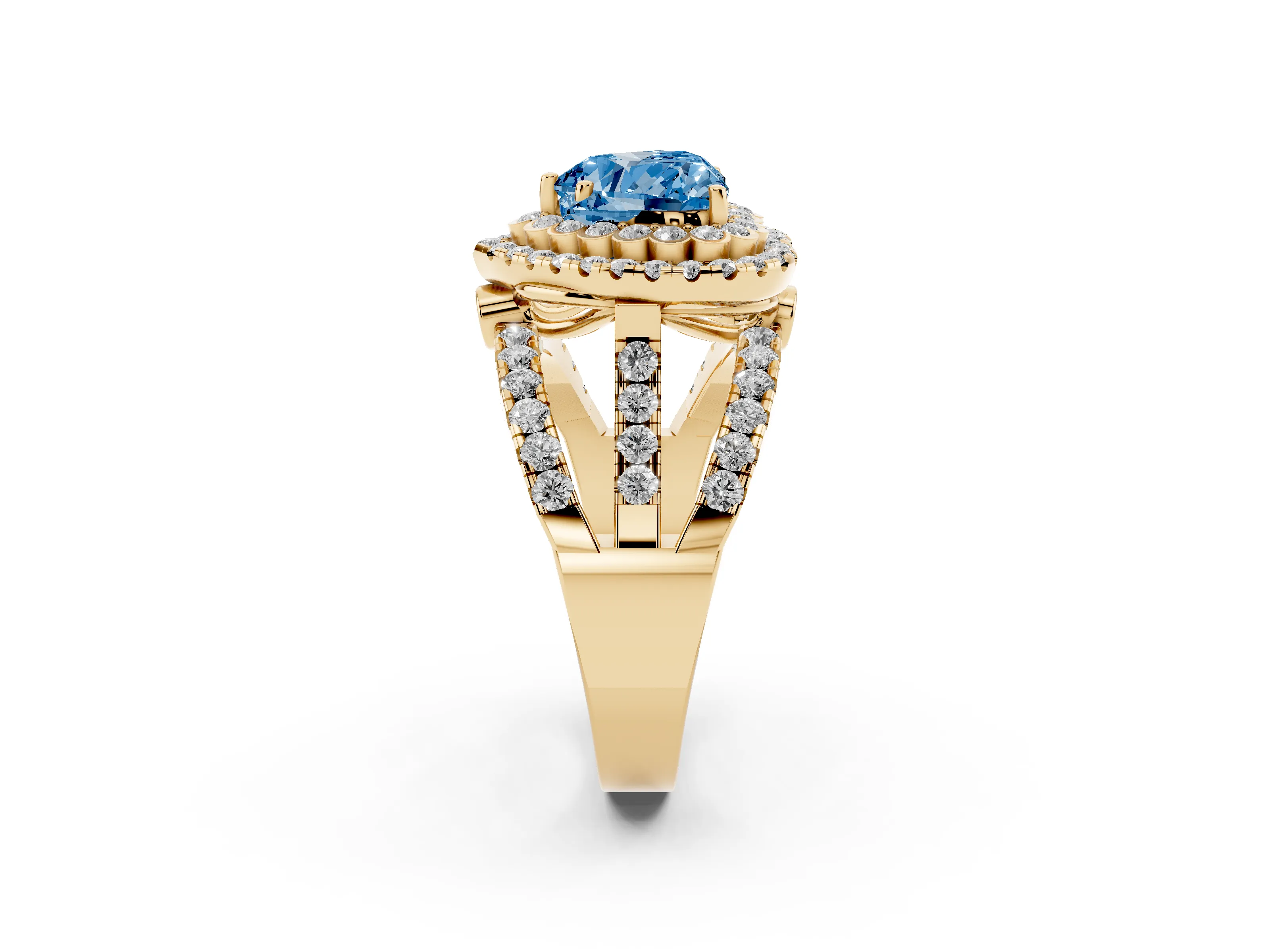 Fancy Blue Heart Cut Diamond Double Halo Ring Set in Yellow gold with Round Pavé Split Shank