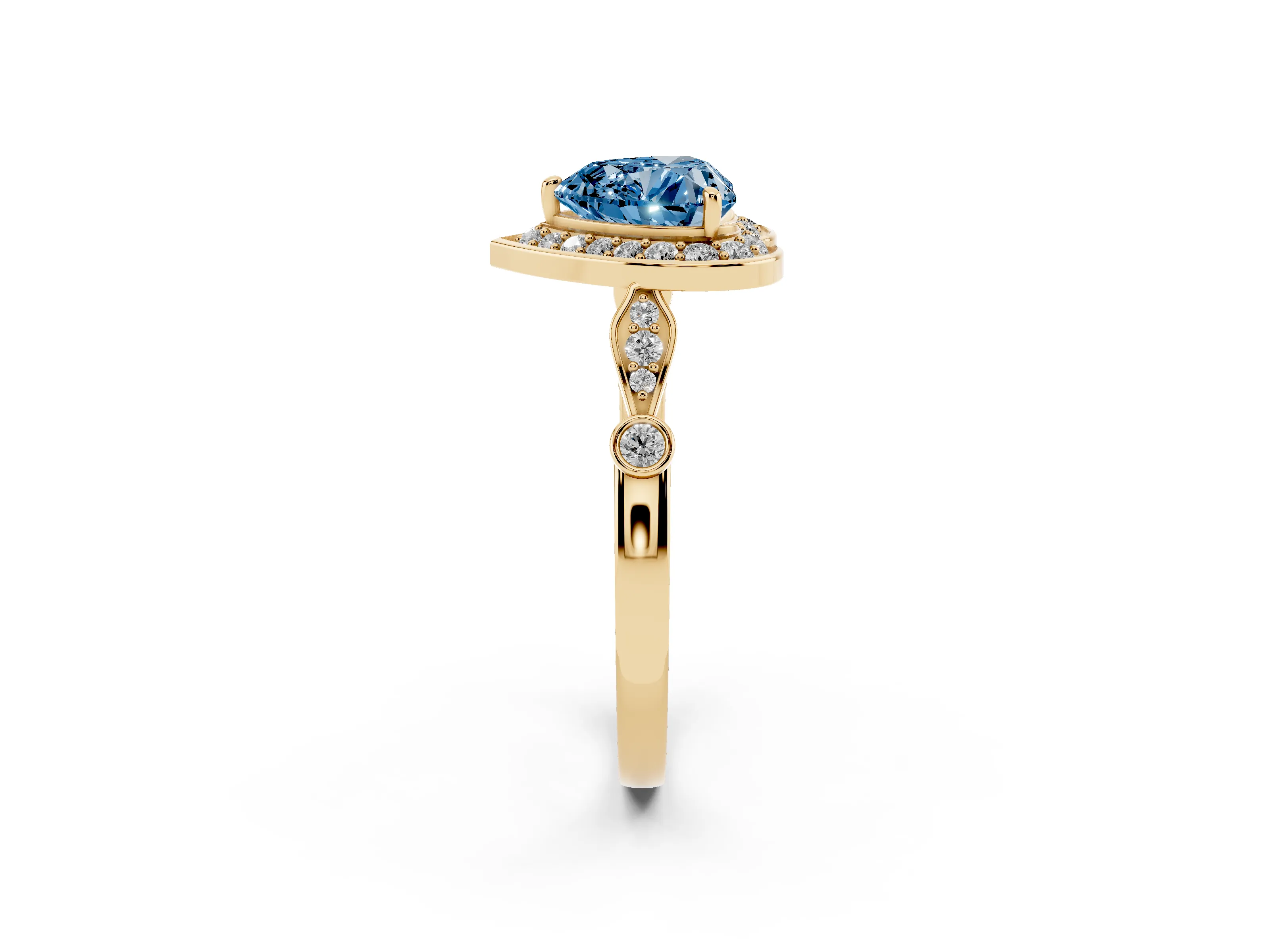 Fancy Blue Heart Cut Diamond Halo Engagement Ring Set in Yellow gold with Twisted Band and Prong Setting