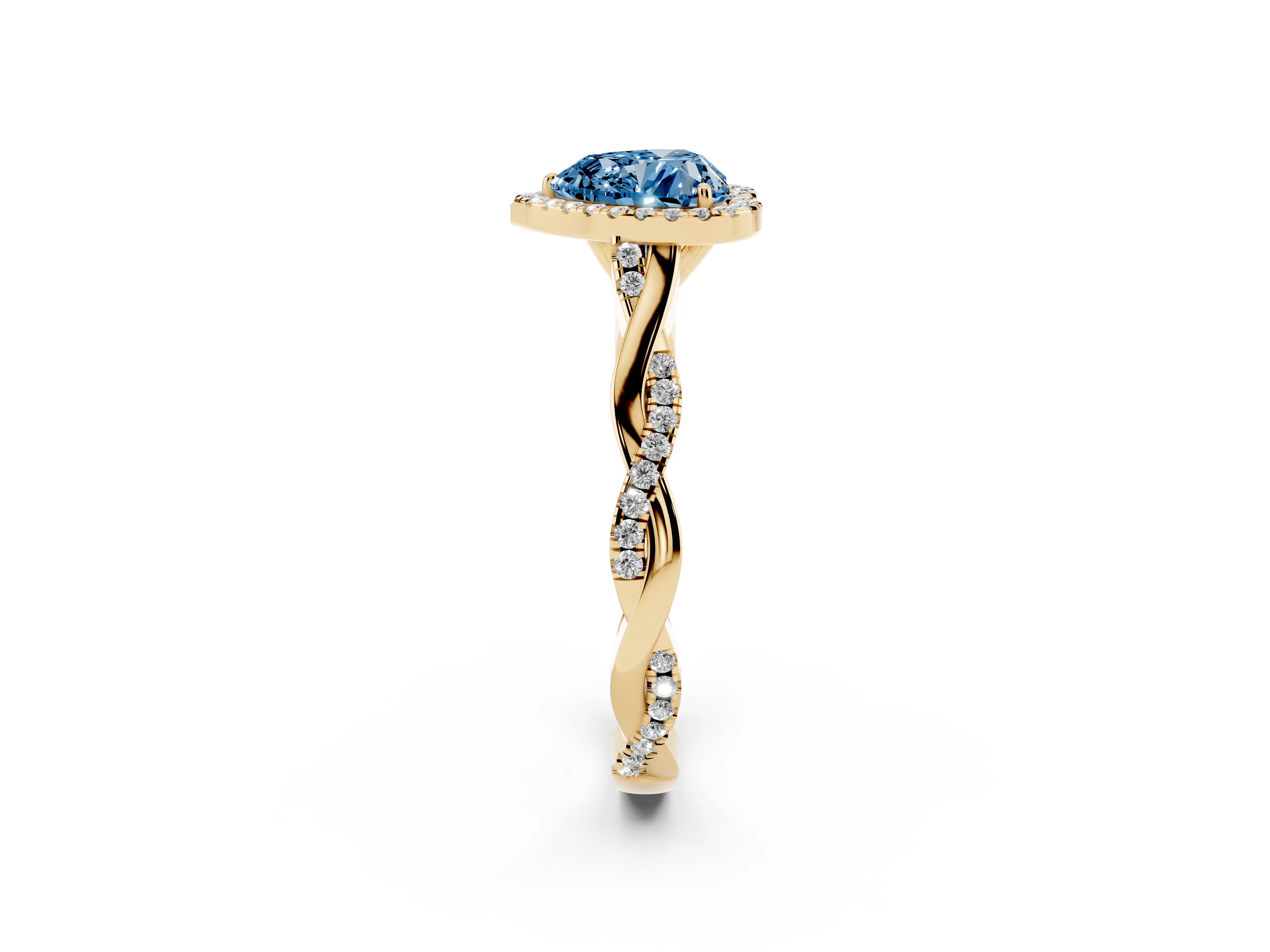 Fancy Blue Heart Cut Diamond Halo Twist Band Solitaire Ring Set in Yellow gold with Prong Setting