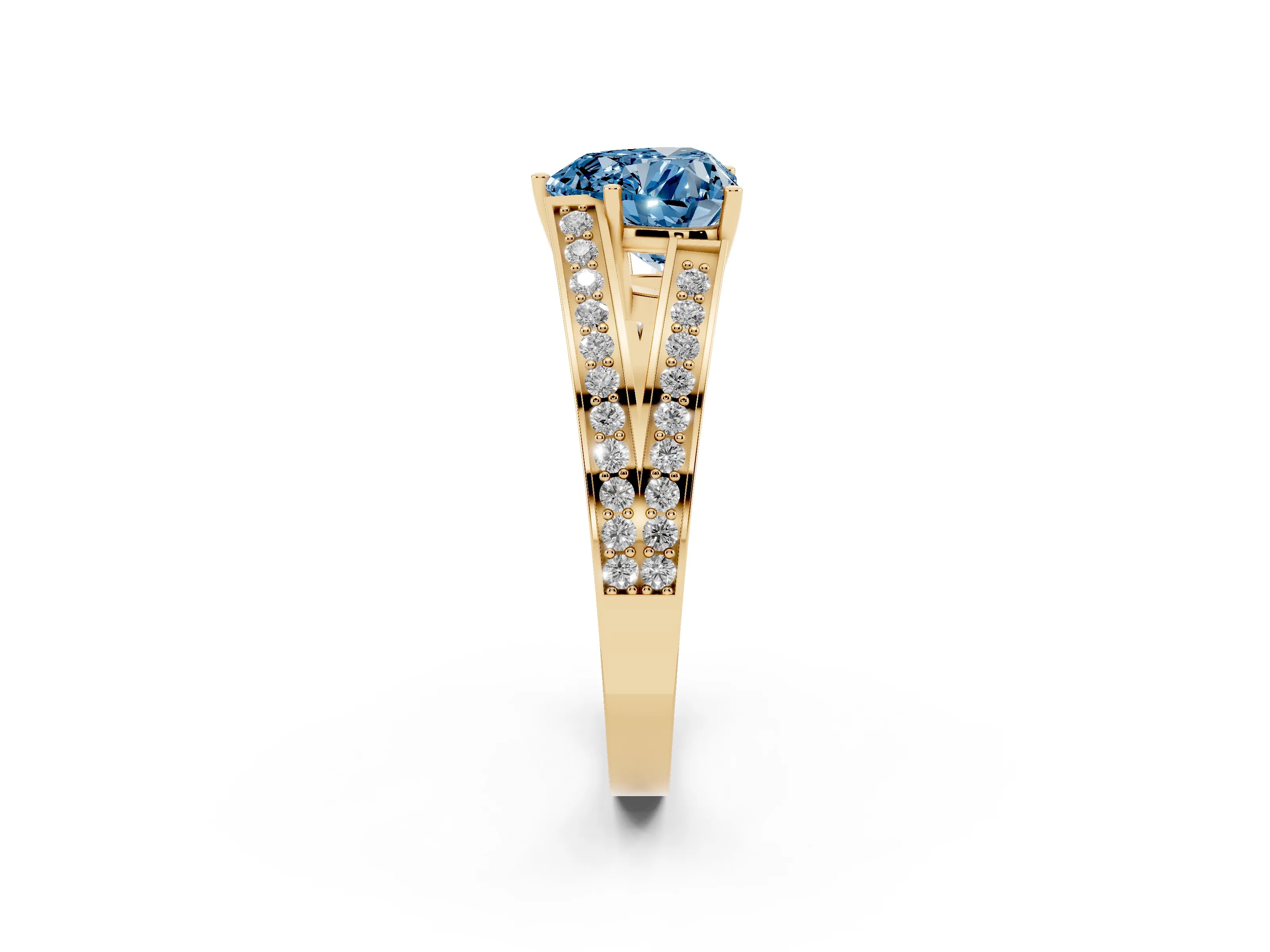 Fancy Blue Heart Cut Diamond Split Shank Ring Set in Yellow gold with Pavé Band and Prong Setting