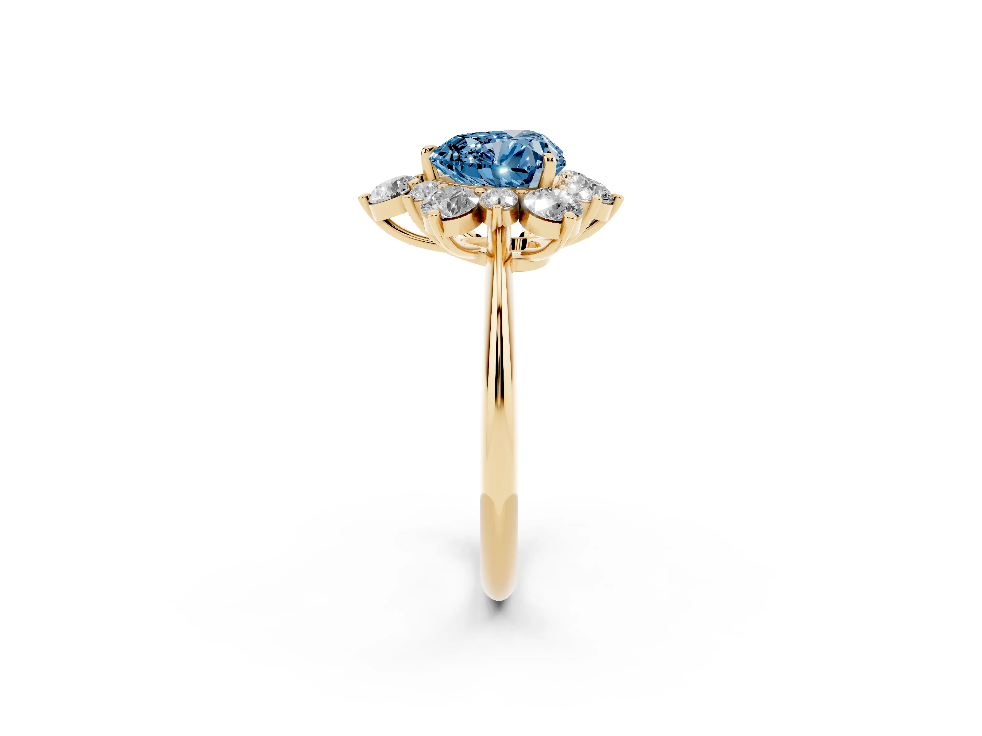 Fancy Blue Heart Cut Diamond Cluster Halo Ring Set in Yellow gold with Solitaire Band and Prong Setting