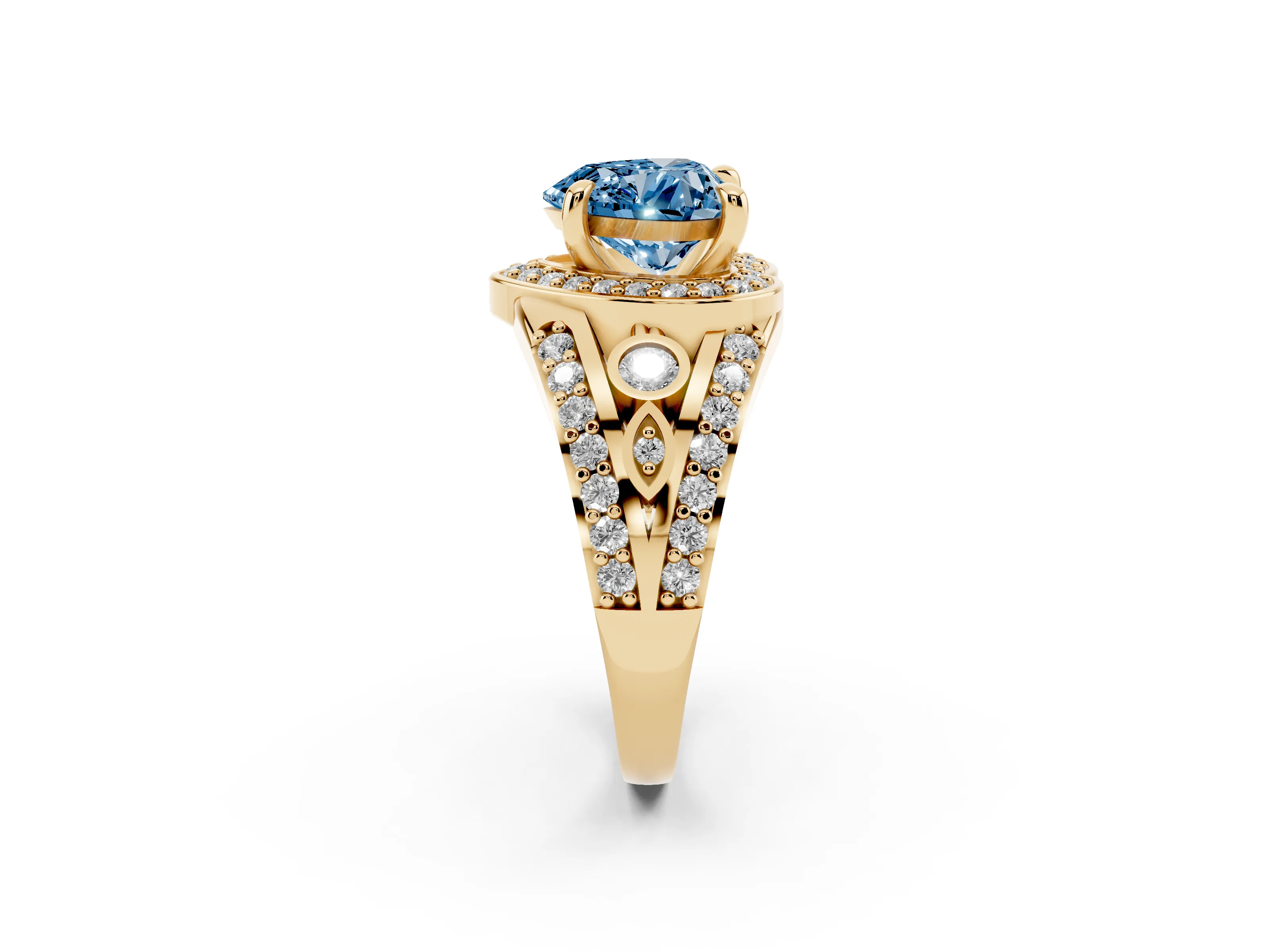 Fancy Blue Heart Cut Diamond Halo Ring Set in Yellow gold with Pavé Split Shank and Bezel Accents