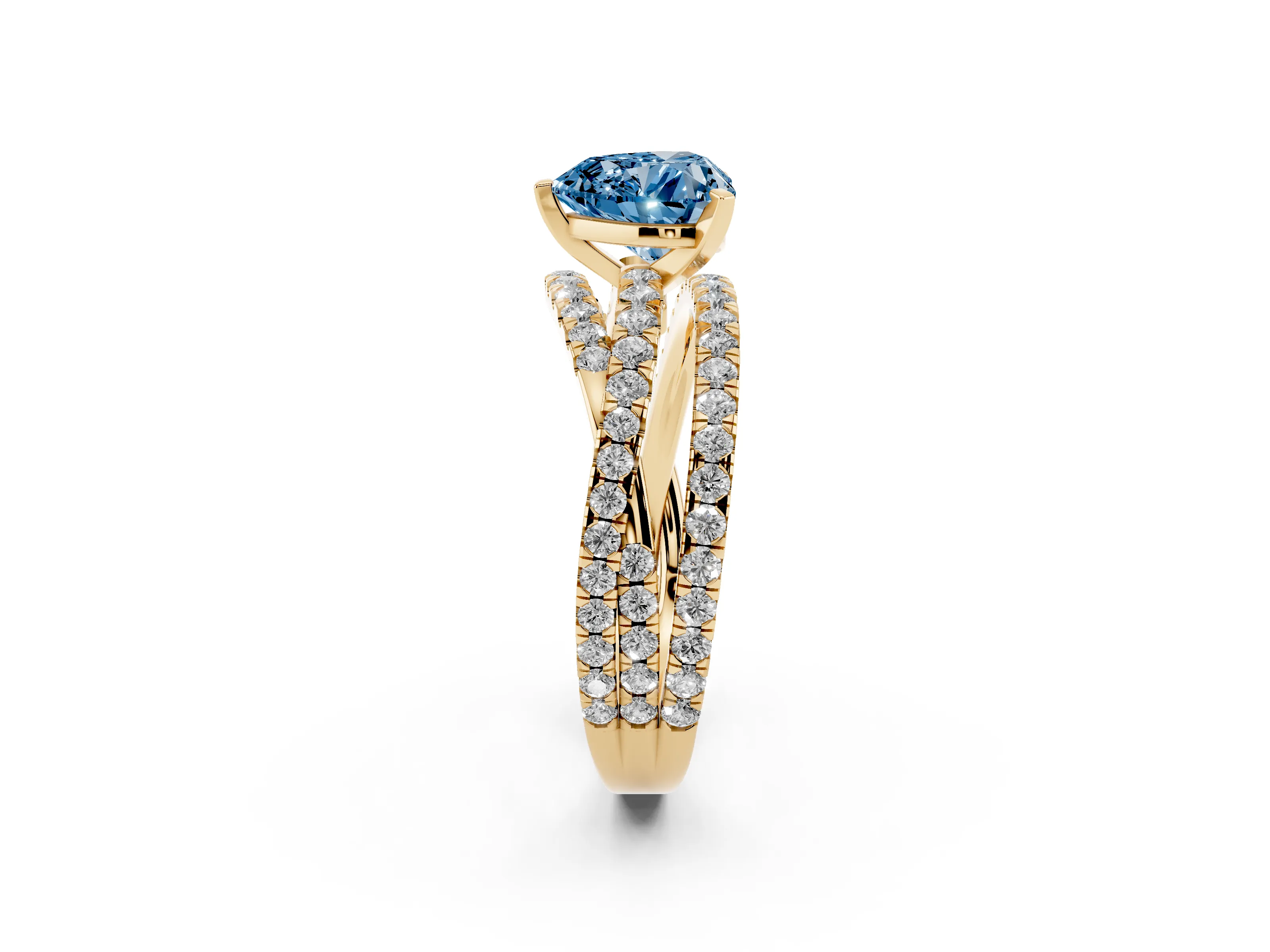 Fancy Blue Heart Cut Diamond Solitaire Twist Band Ring Set in Yellow gold with Pavé Setting and Prong Head