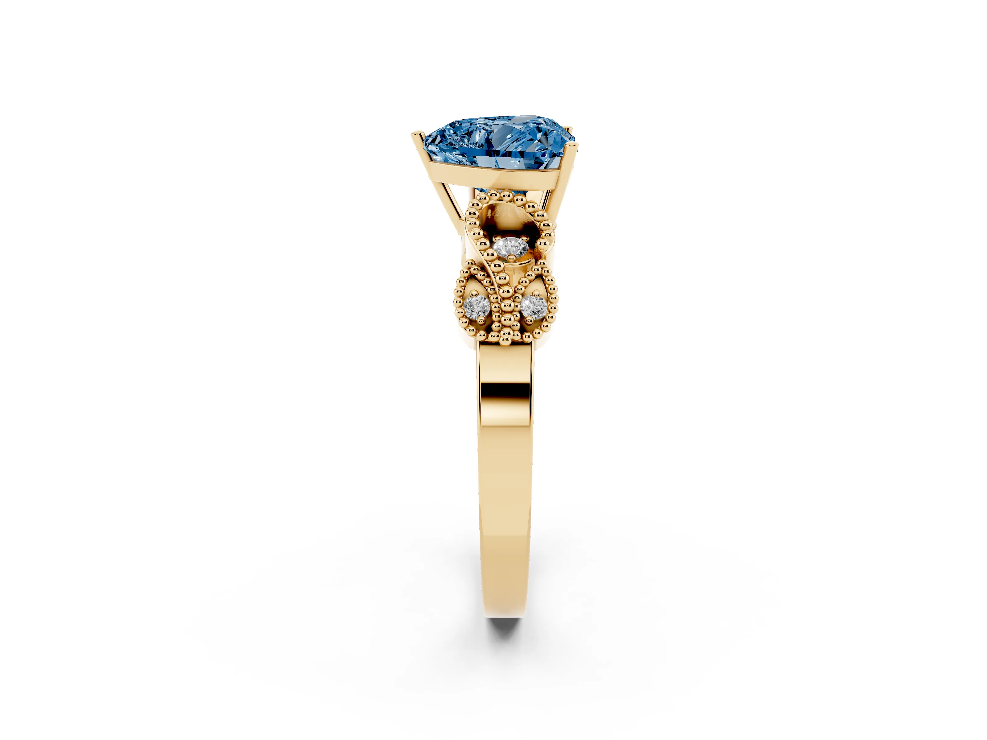 Fancy Blue Heart Cut Diamond Milgrain Leaf Band Solitaire Ring Set in Yellow gold with Accent Stones and Prong Setting