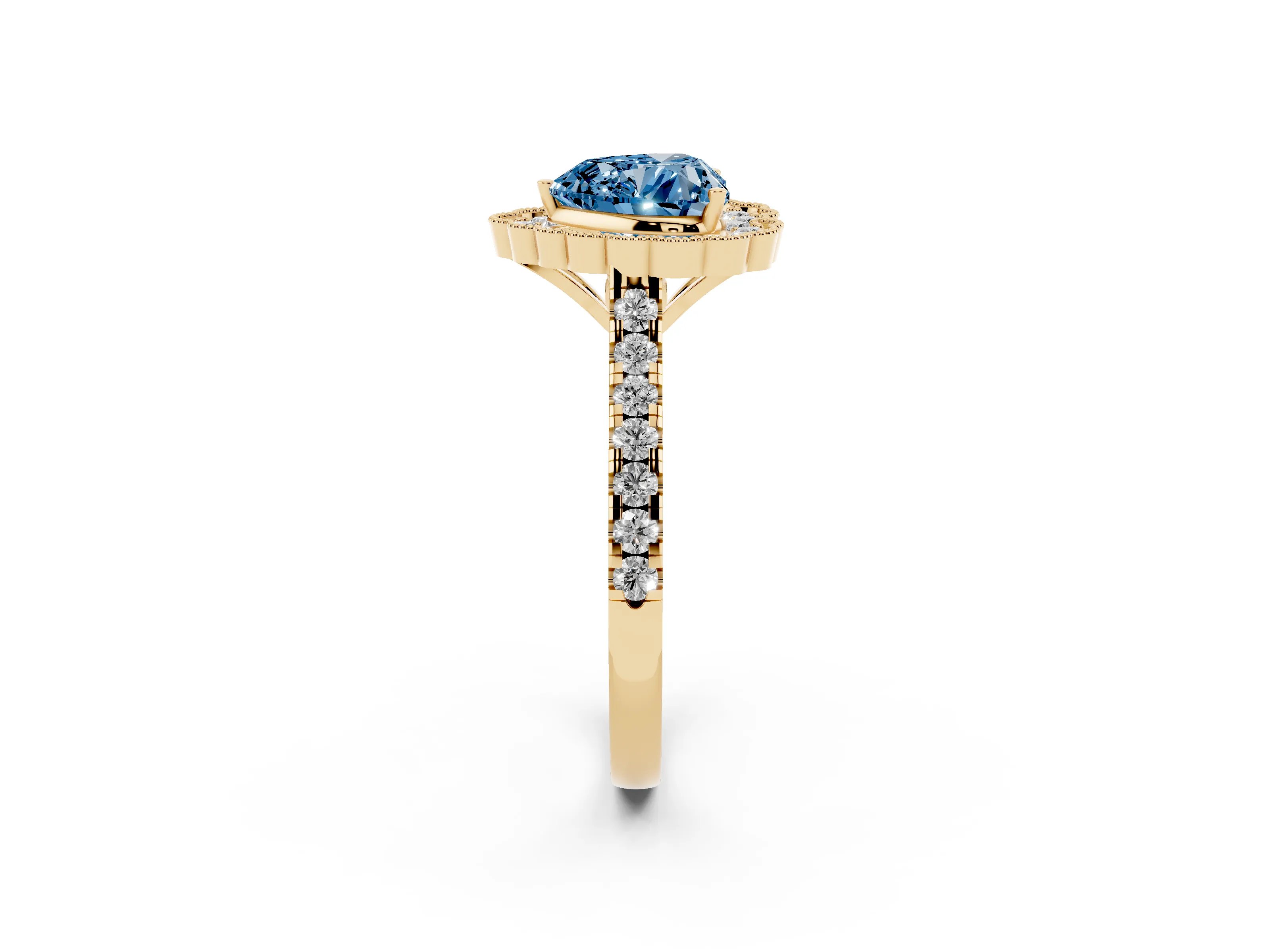 Fancy Blue Heart Cut Diamond Milgrain Floral Halo Engagement Ring Set in Yellow gold with Pavé Band