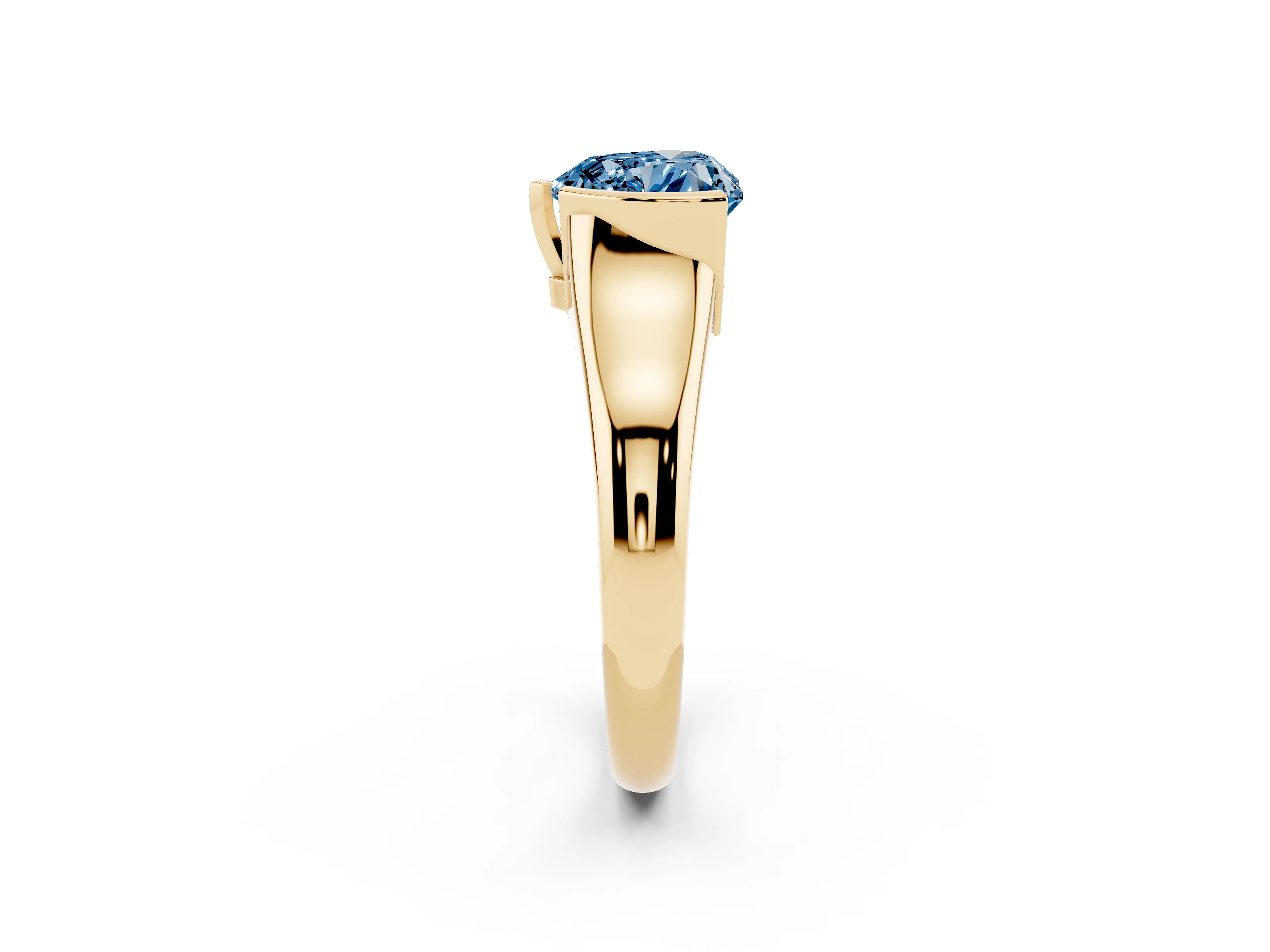 Fancy Blue Heart Cut Diamond Solitaire Tension Set Ring Set in Yellow gold with Split Shank Band