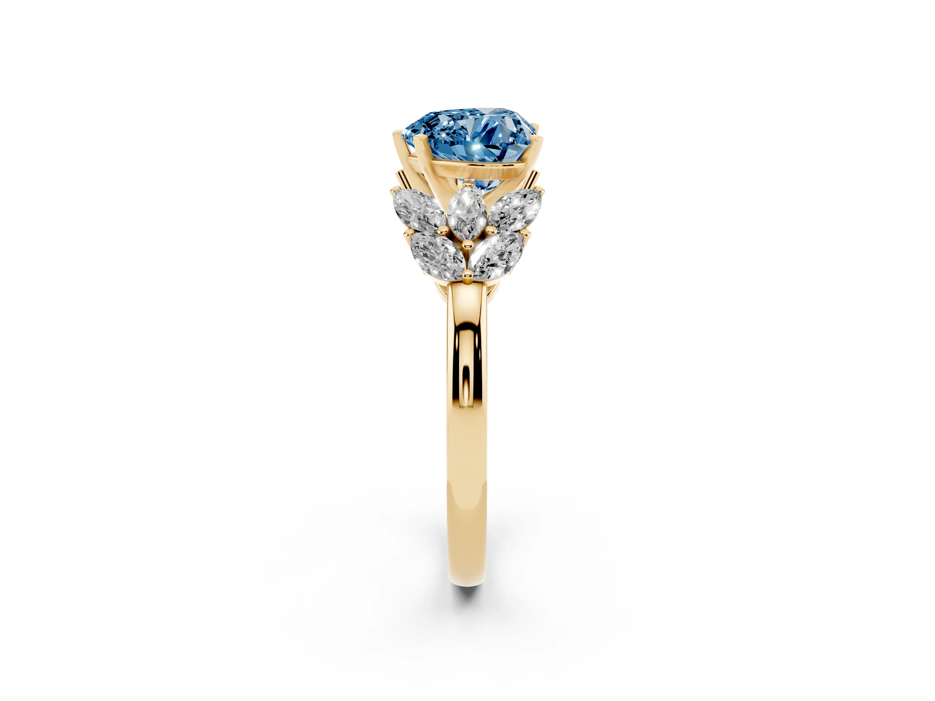 Fancy Blue Heart Cut Diamond Cluster Leaf Design Ring Set in Yellow gold with Prong Setting