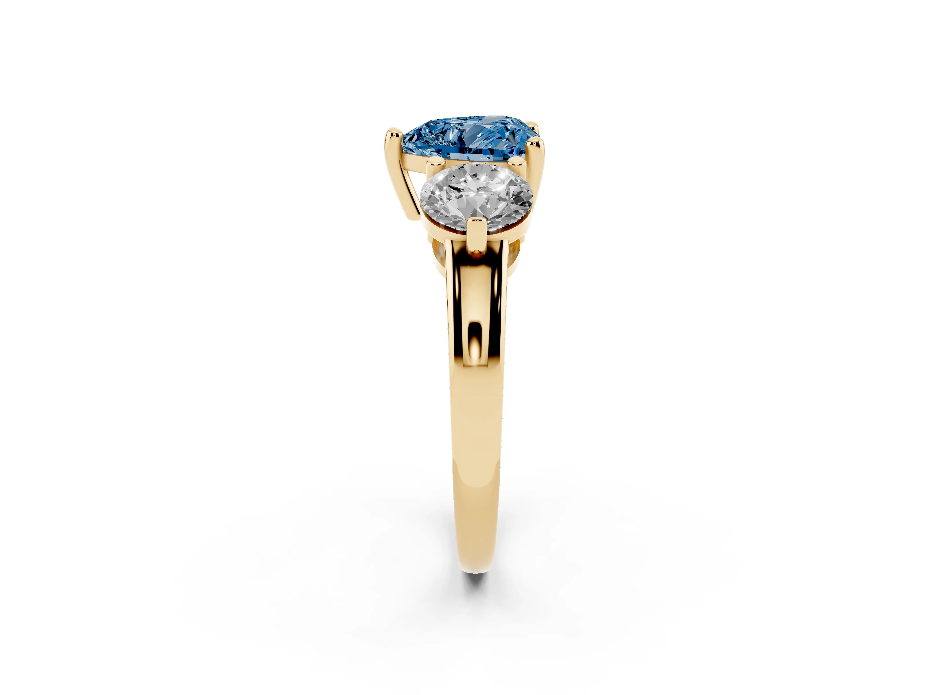 Fancy Blue Heart Cut Diamond Three-Stone Ring Set in Yellow gold with Prong Setting and Classic Band