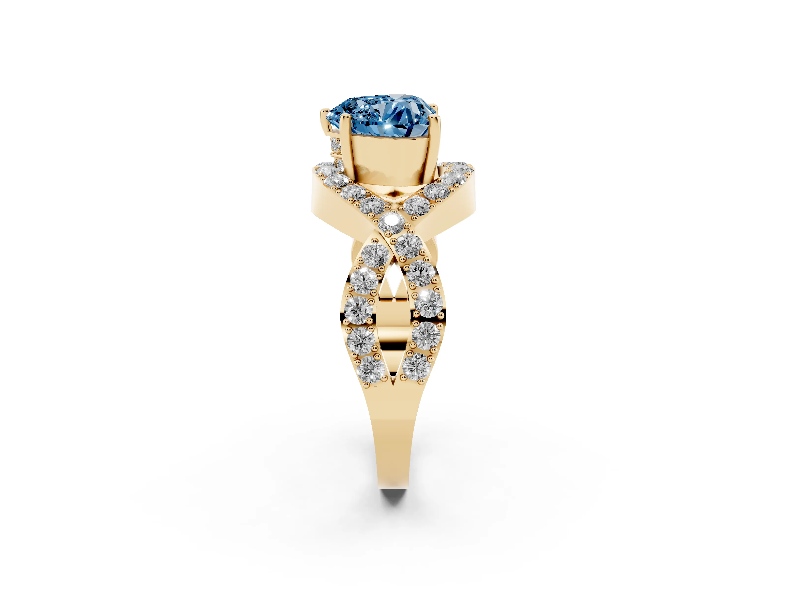 Fancy Blue Heart Cut Diamond Solitaire Twist Band Pavé Engagement Ring Set in Yellow gold