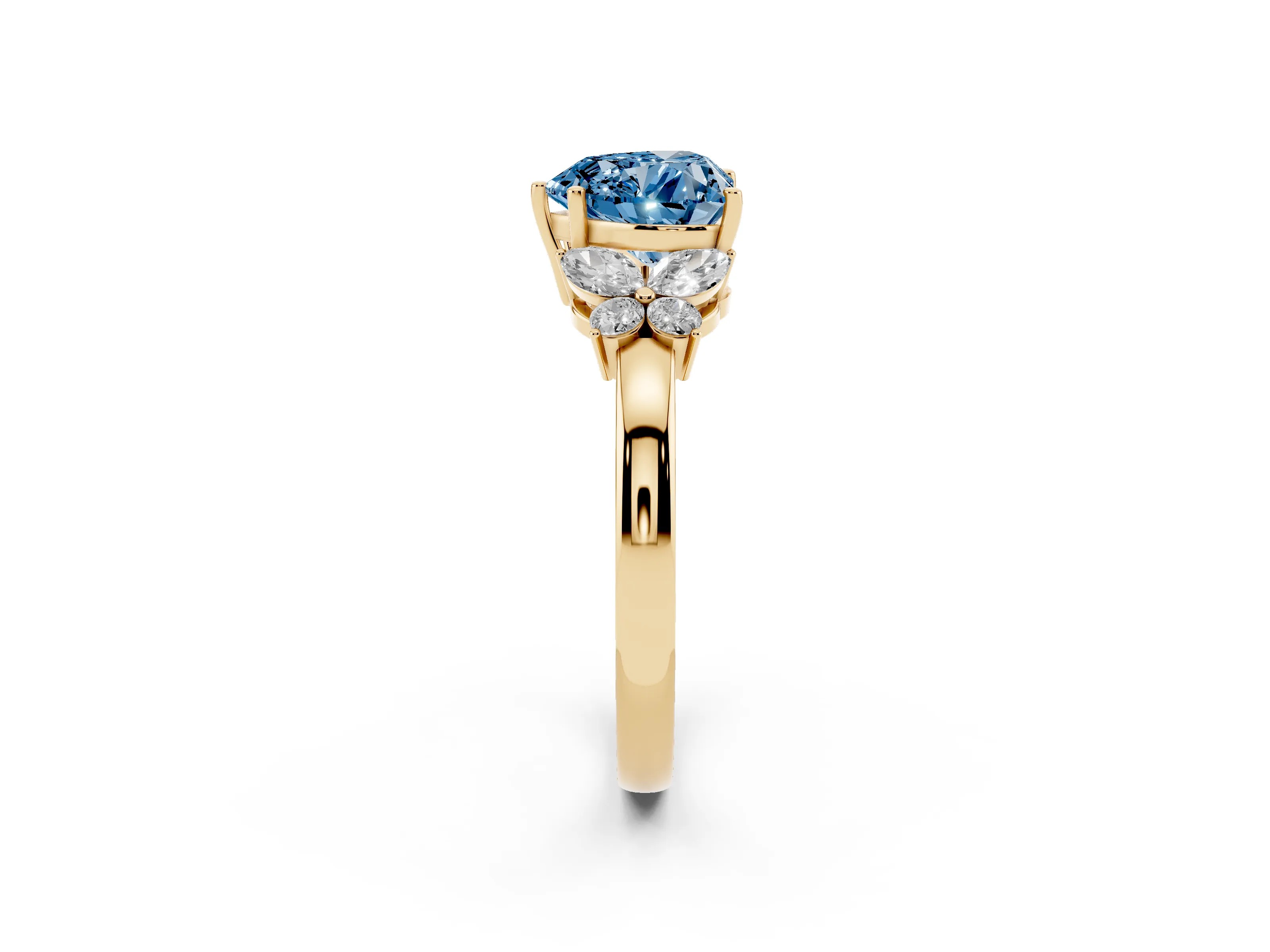 Fancy Blue Heart Cut Diamond Solitaire Floral Ring Set in Yellow gold with Marquise Petals and Prong Setting