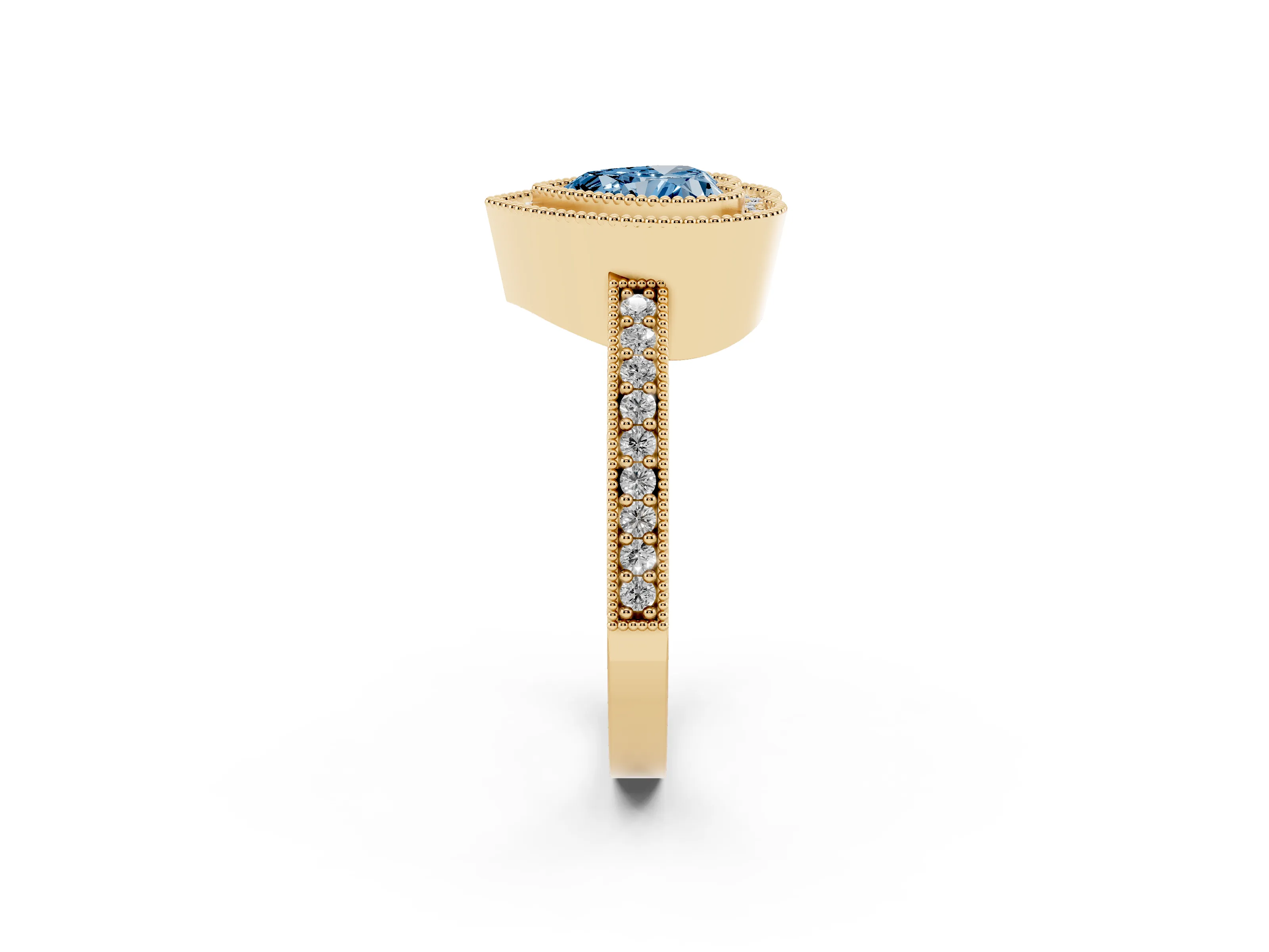 Fancy Blue Heart Cut Diamond Halo Engagement Ring Set in Yellow gold with Pavé Band and Round Halo Stones