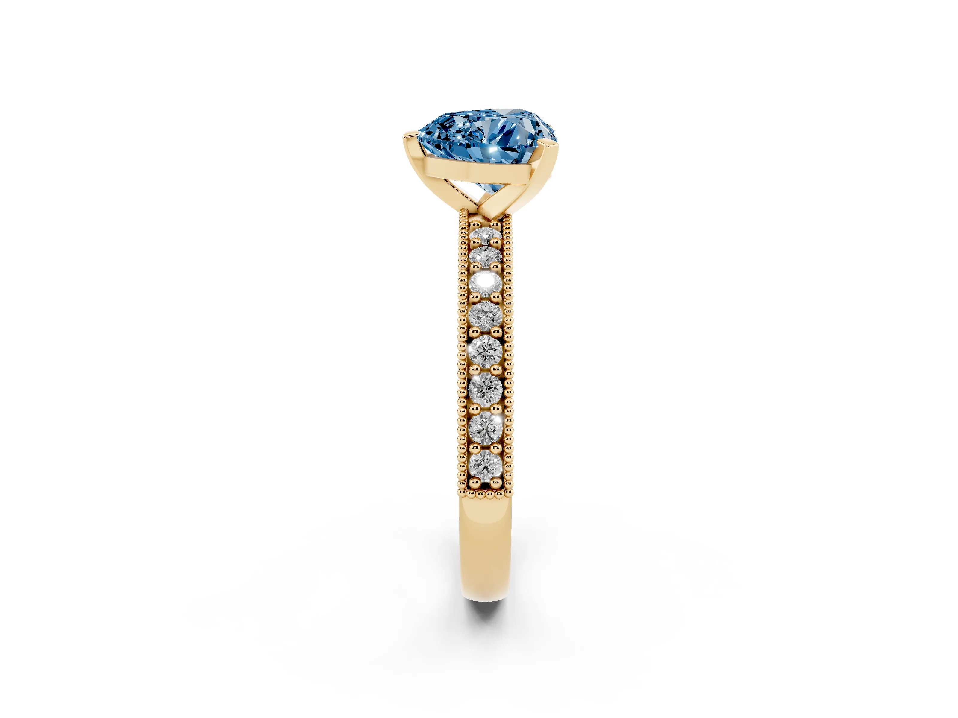 Fancy Blue Heart Cut Diamond Milgrain Pavé Engagement Ring Set in Yellow gold with Prong Setting