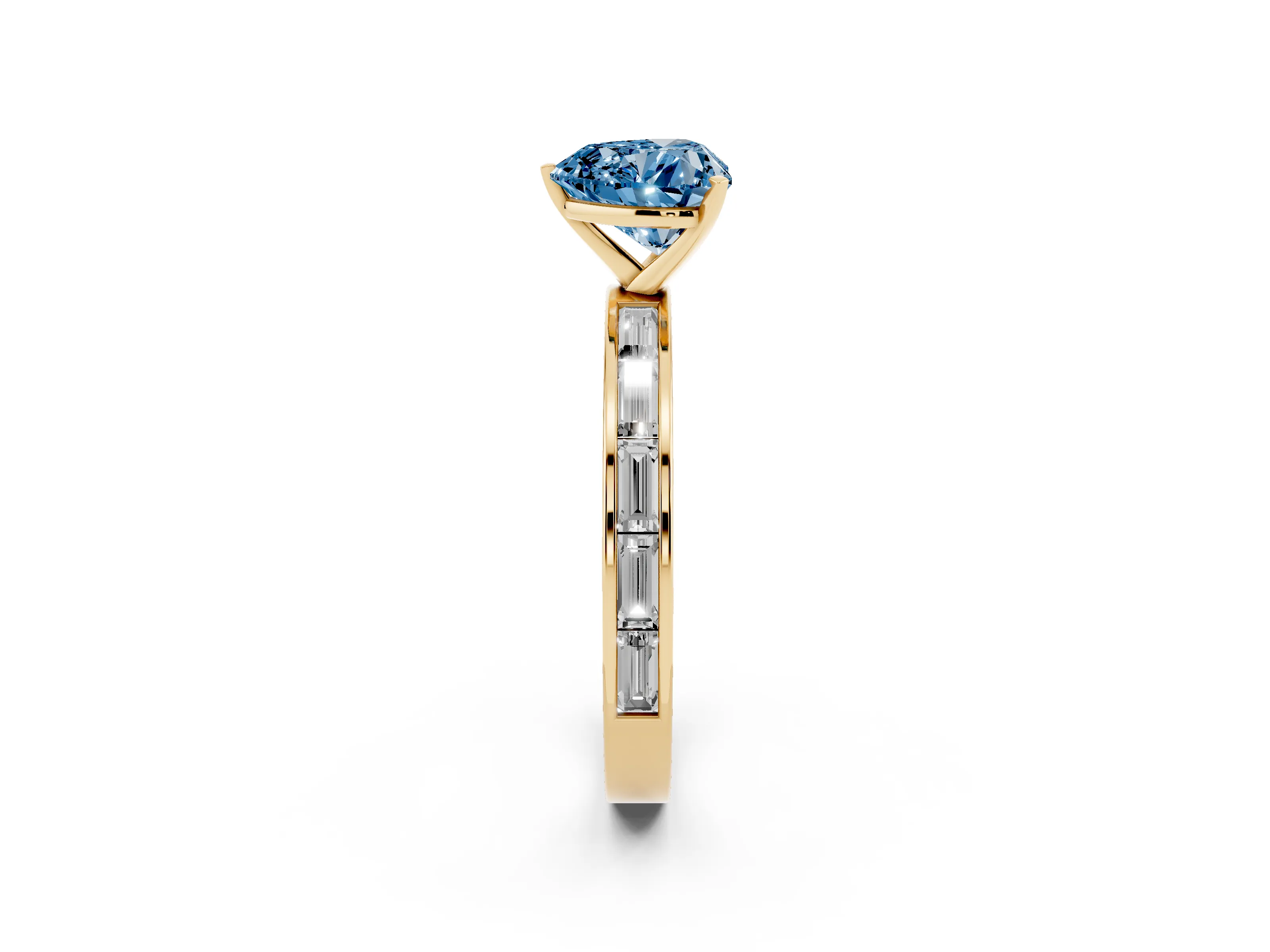 Fancy Blue Heart Cut Diamond Solitaire Ring Set in Yellow gold with Channel-Set Baguette Band and Prong Setting