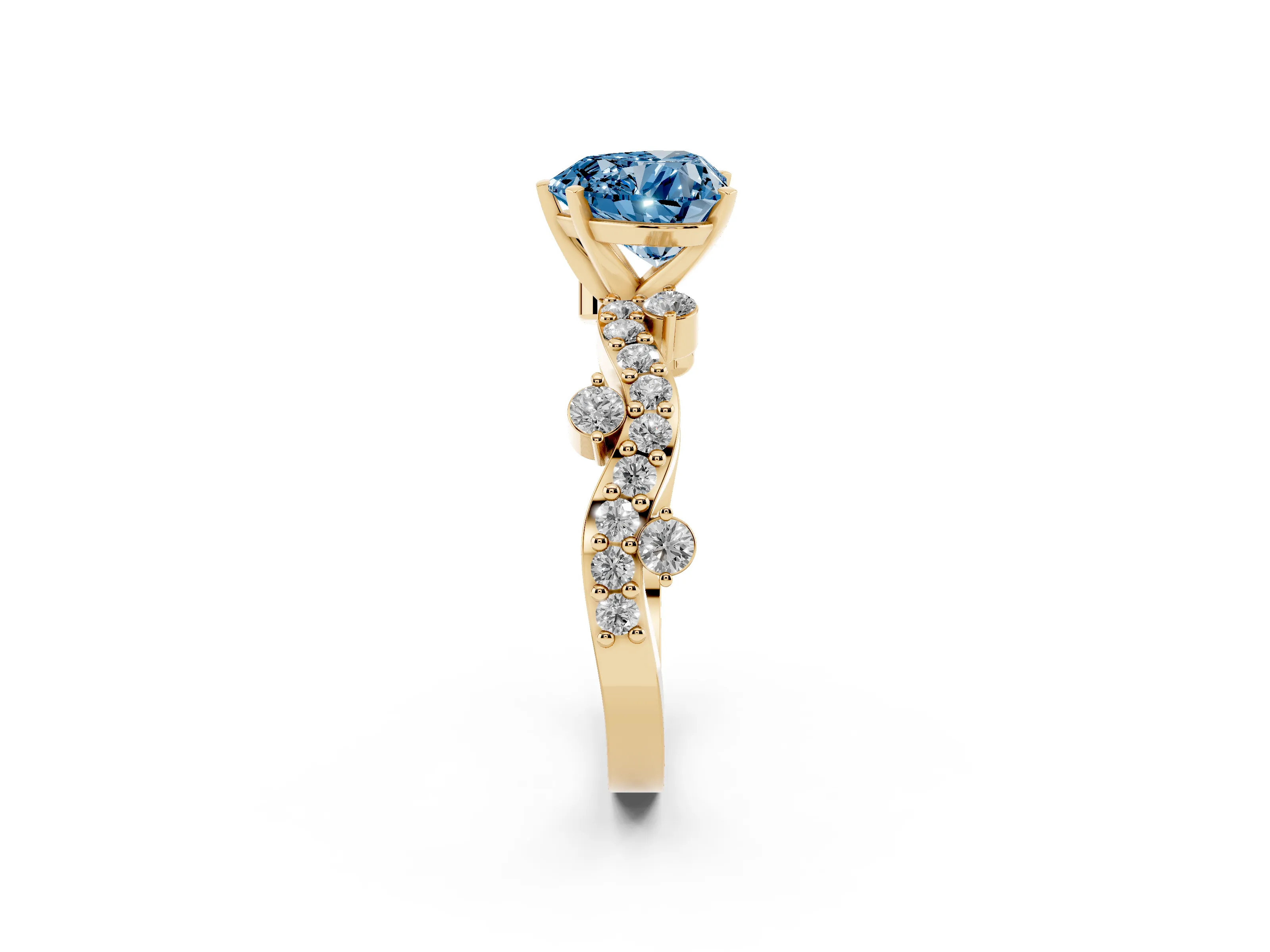 Fancy Blue Heart Cut Diamond Solitaire Twisted Band Set in Yellow gold with Pavé Setting