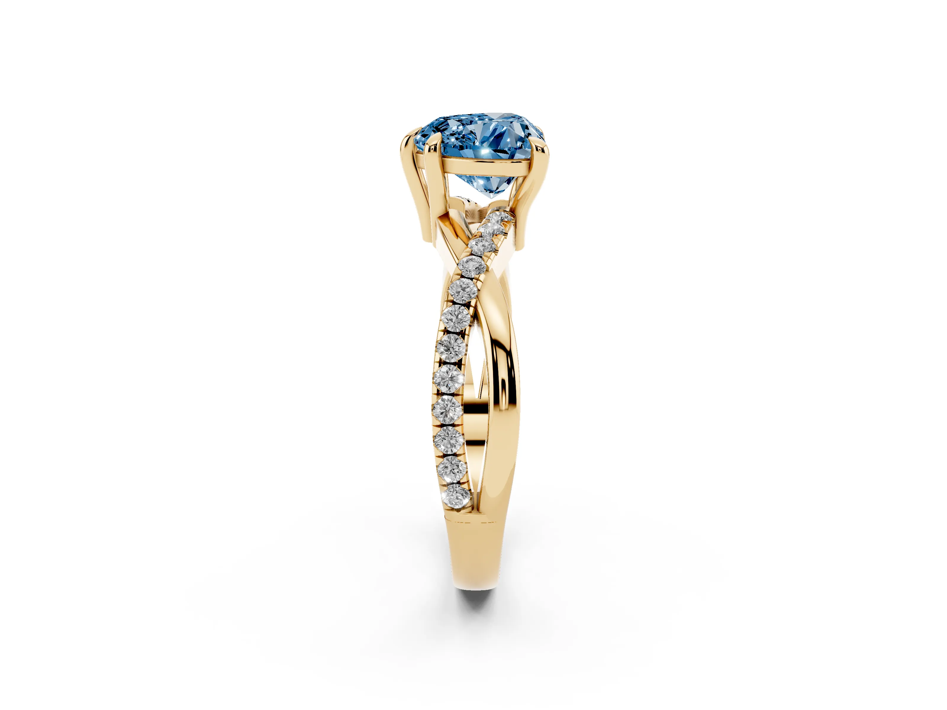 Fancy Blue Heart Cut Diamond Twist Band Solitaire Set in Yellow gold with Pavé Accents and Prong Setting
