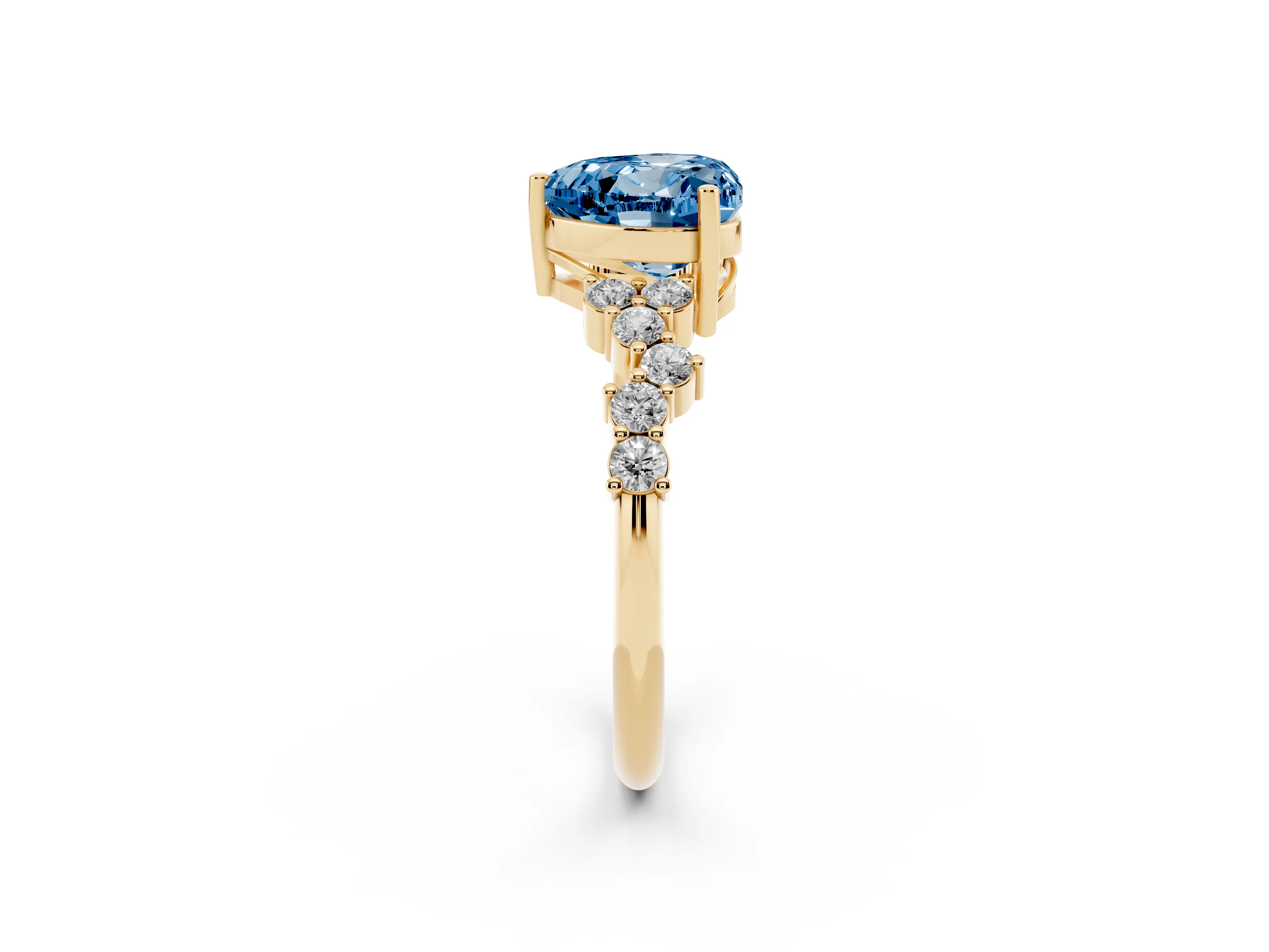 Fancy Blue Heart Cut Diamond Ring Set in Yellow gold with Scattered Round Accents